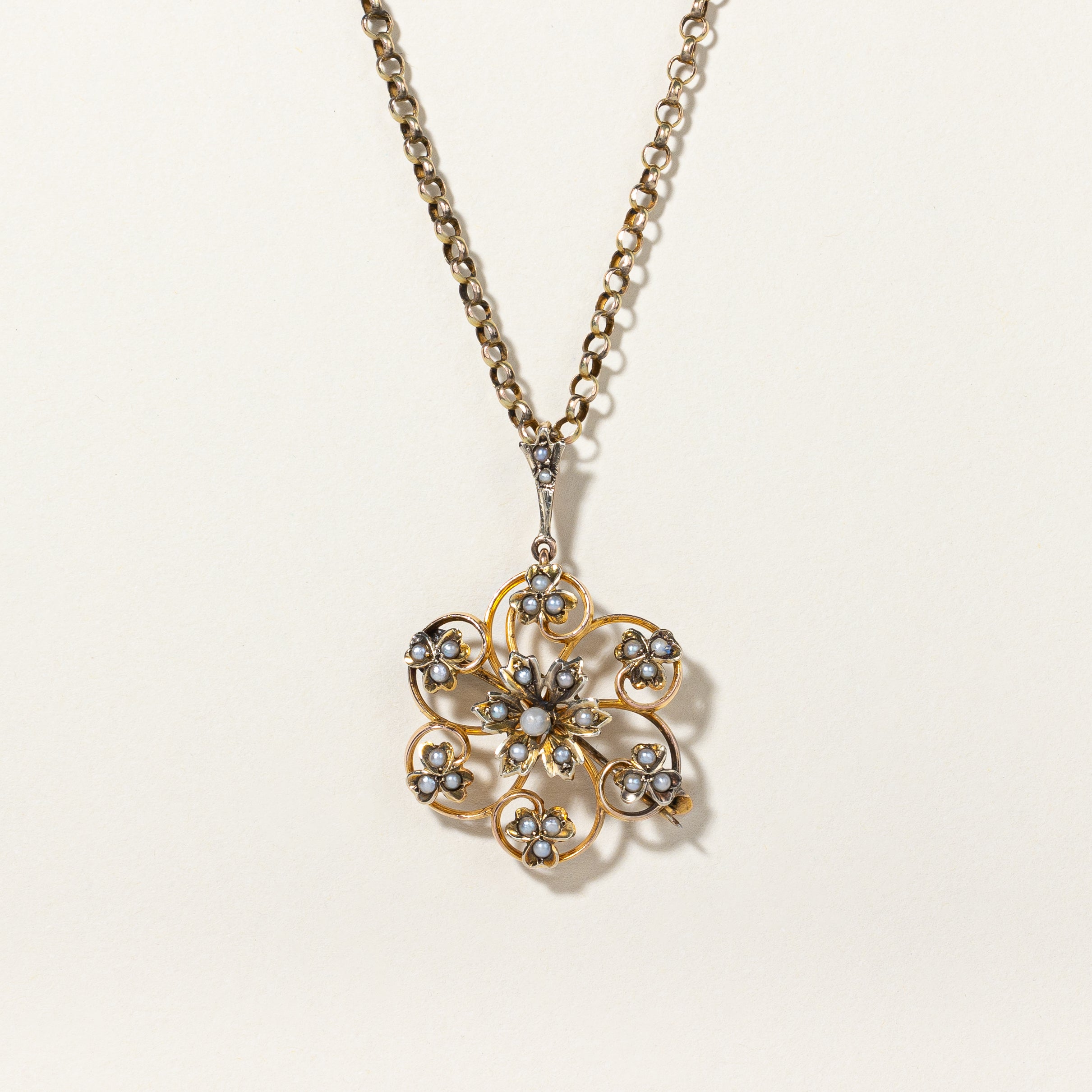 Antique Seed Pearl Pendant & Brooch Necklace | 18" |
