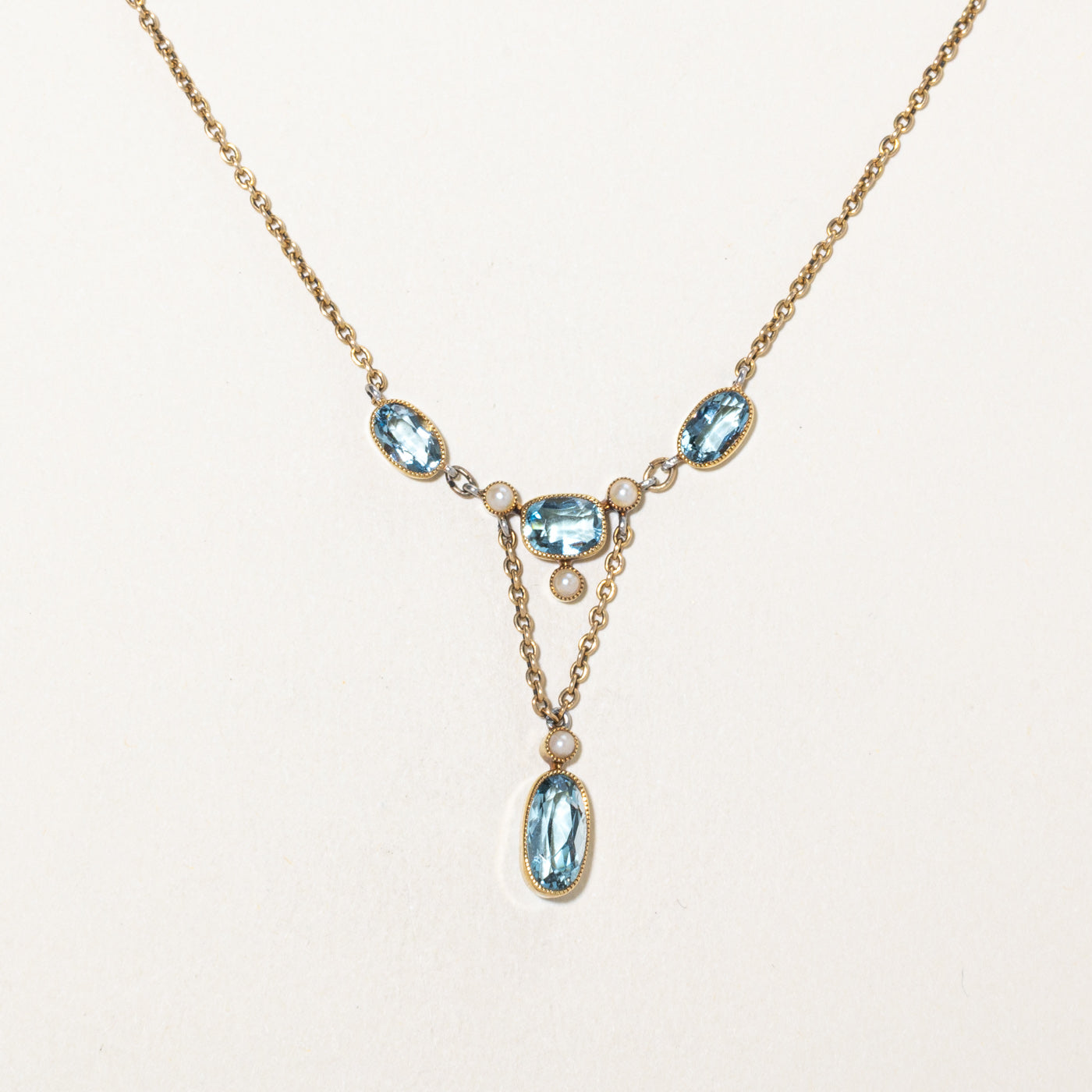 Cushion Cut Aquamarine & Seed Pearl Milgrained Lariat Necklace | 2.45ctw | 14"
