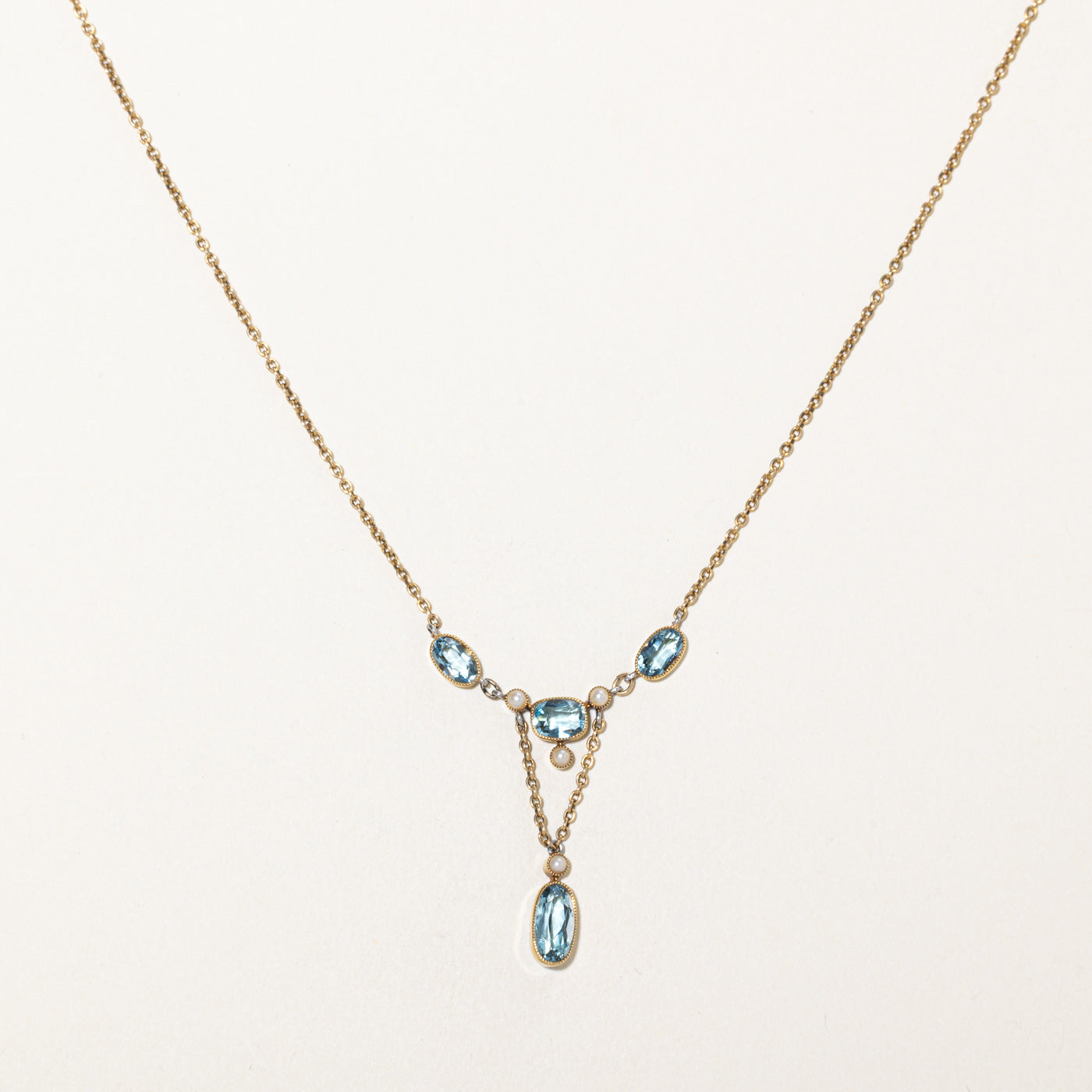 Cushion Cut Aquamarine & Seed Pearl Milgrained Lariat Necklace | 2.45ctw | 14"