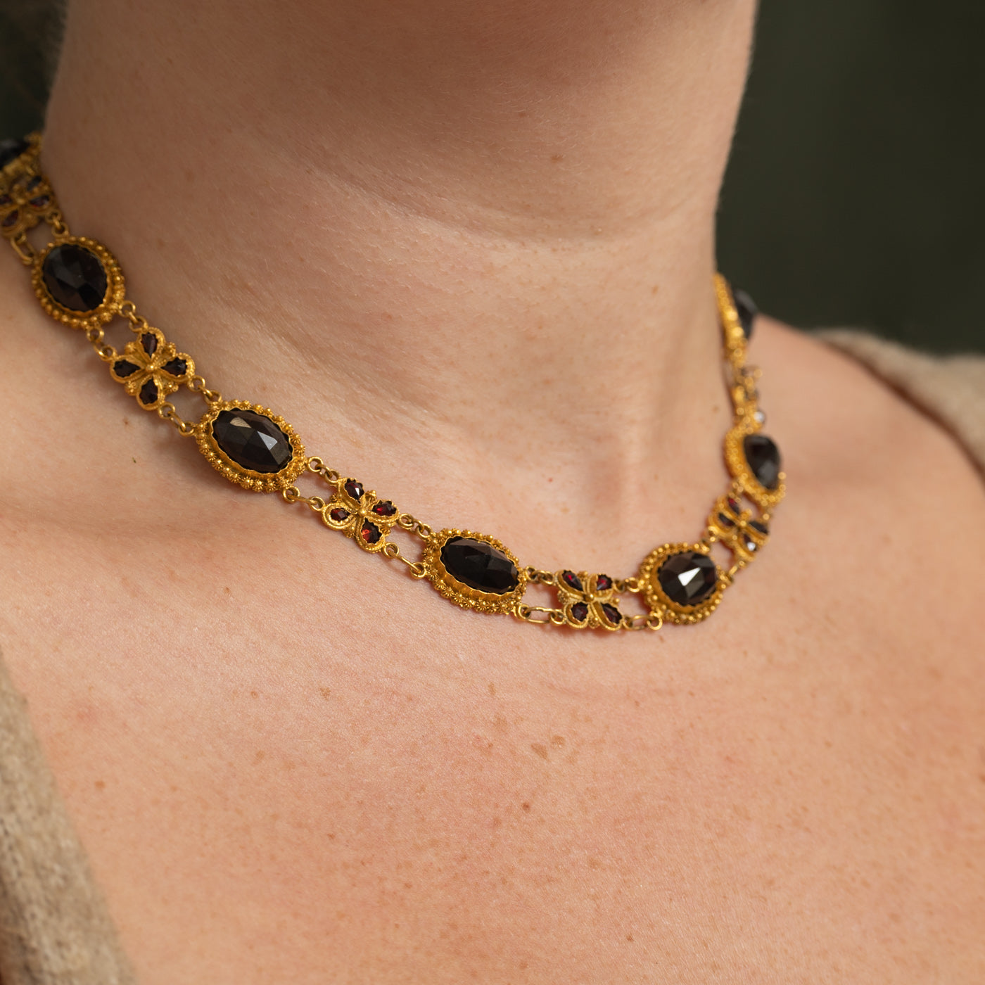Vintage Dutch Rose Cut Garnet Satellite Ornate Necklace | 60.00ctw | 16.5"