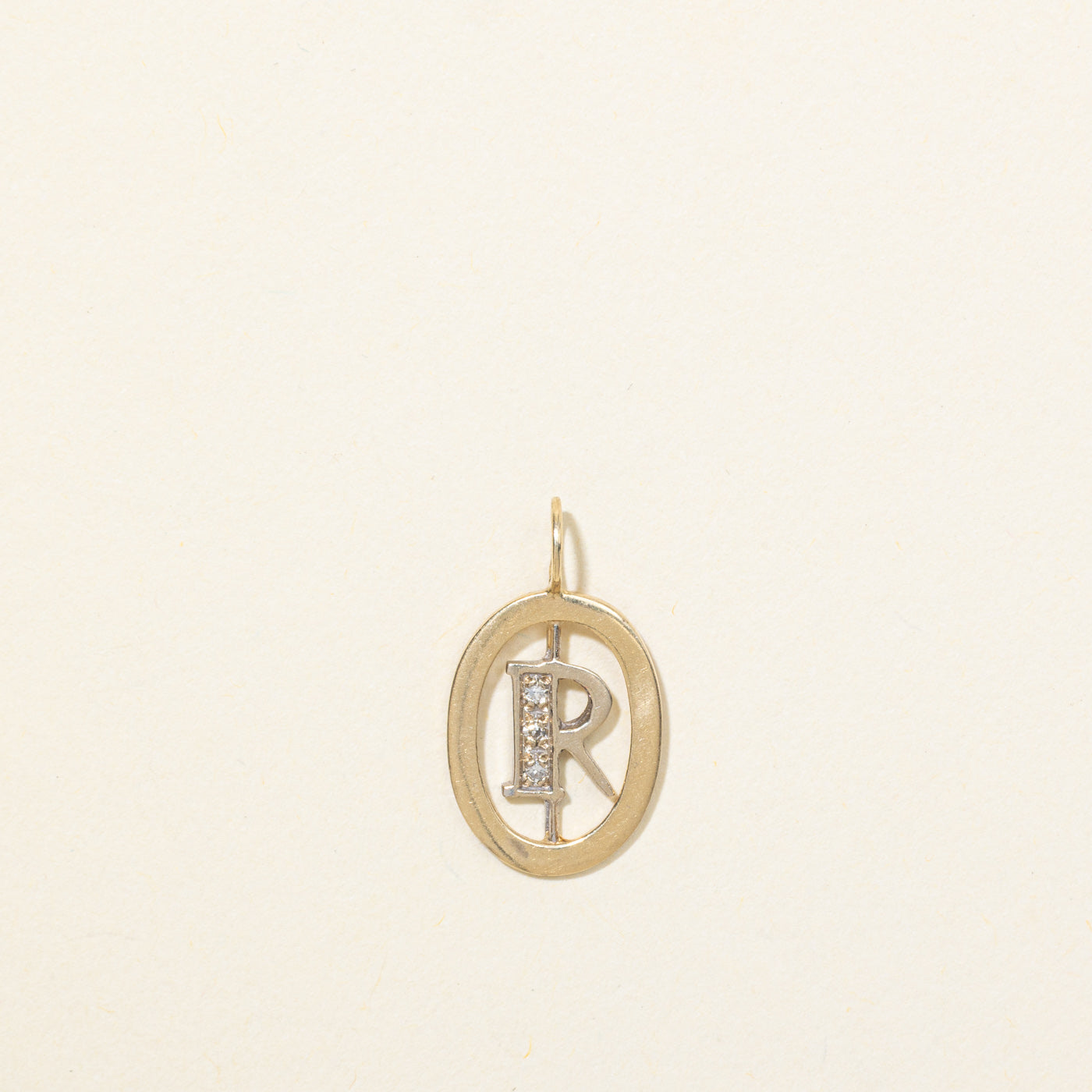 14K Diamond "R" Initial Oval Framed Pendant