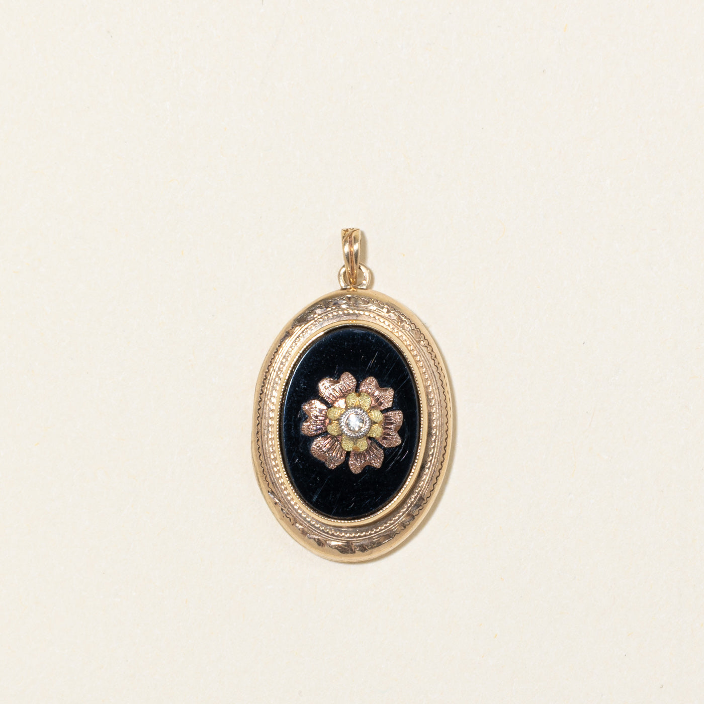 Bezel Set Onyx & Diamond Engraved Flower Locket | 4.00ct, 0.01ct