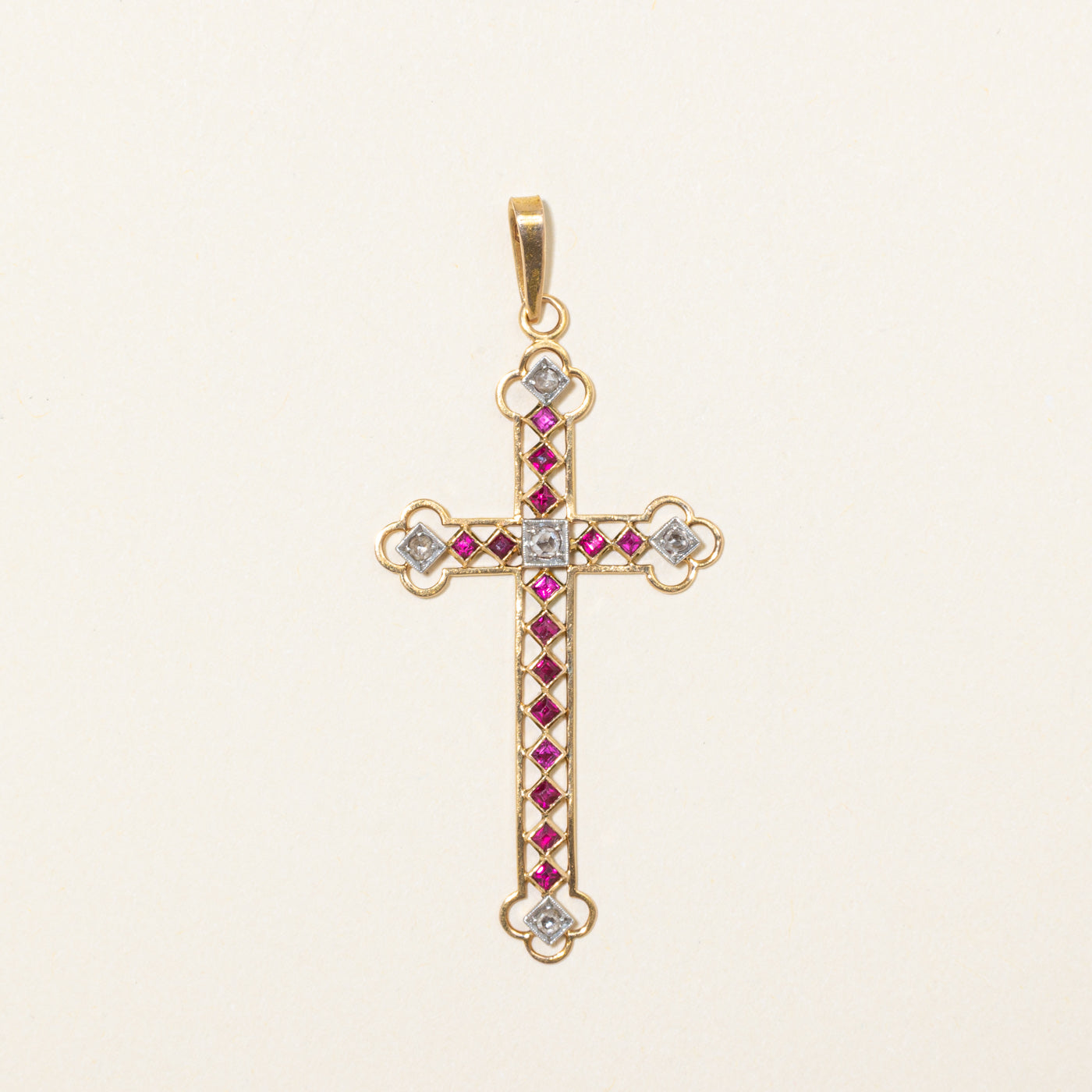 18k Synthetic Ruby & Natural Diamond Cross Pendant | 0.60ctw, 0.11ctw