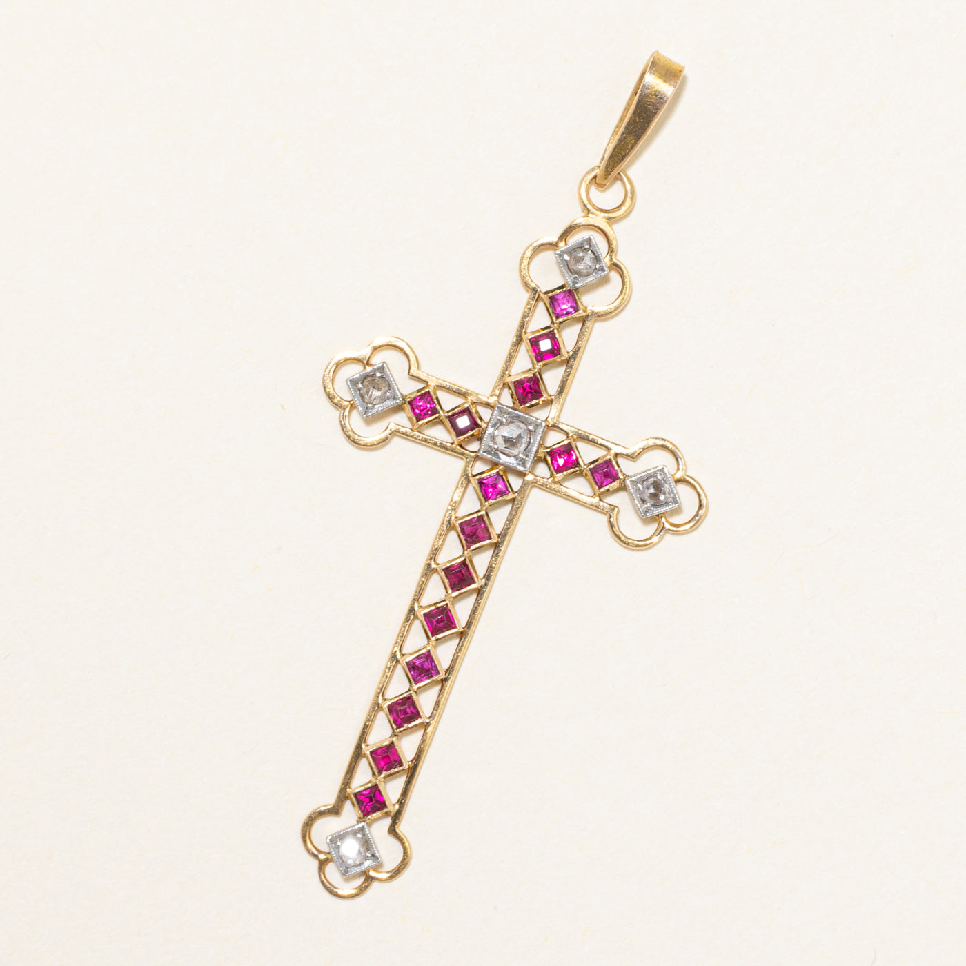 18k Synthetic Ruby & Natural Diamond Cross Pendant | 0.60ctw, 0.11ctw