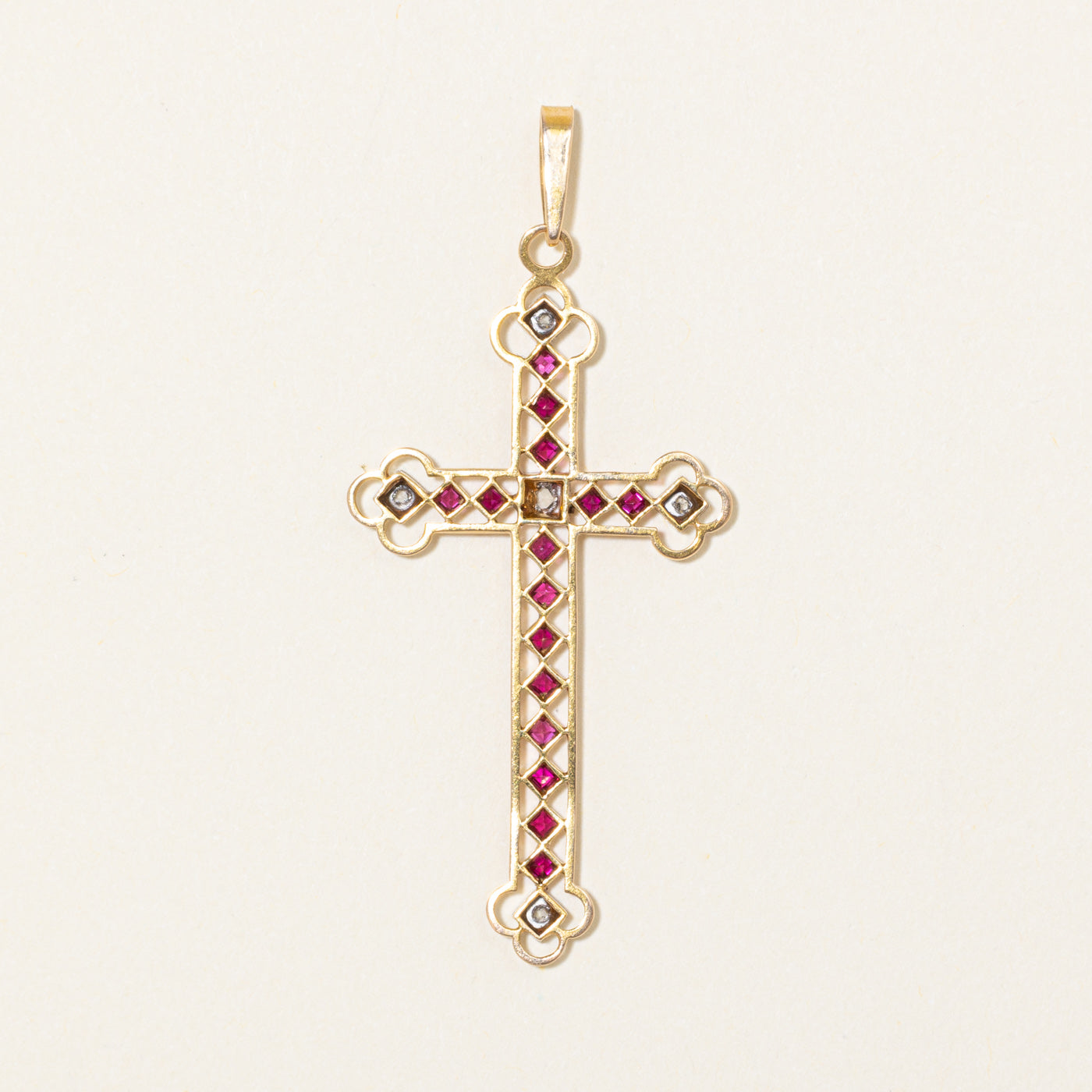 18k Synthetic Ruby & Natural Diamond Cross Pendant | 0.60ctw, 0.11ctw