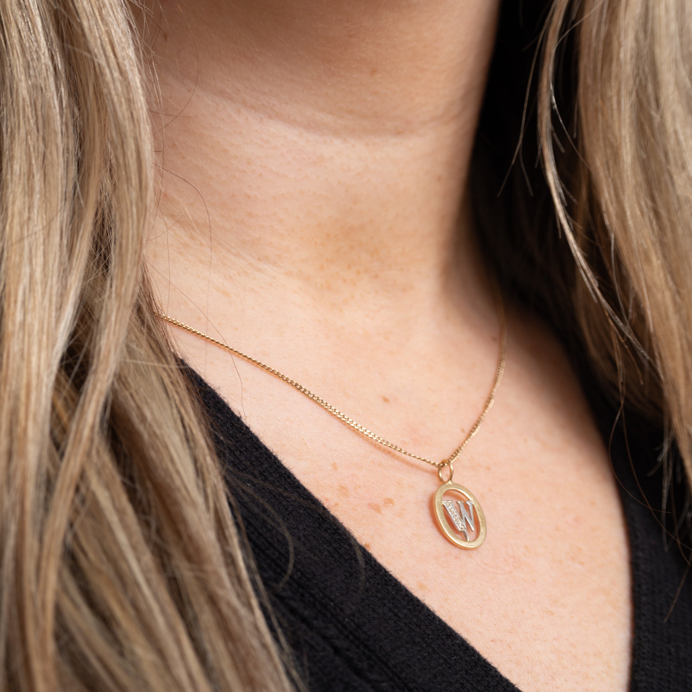 14K Diamond "W" Initial Oval Framed Pendant