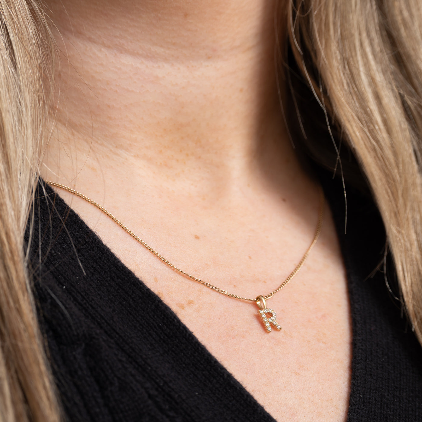 14K Pavé Set Diamond "R" Initial Pendant