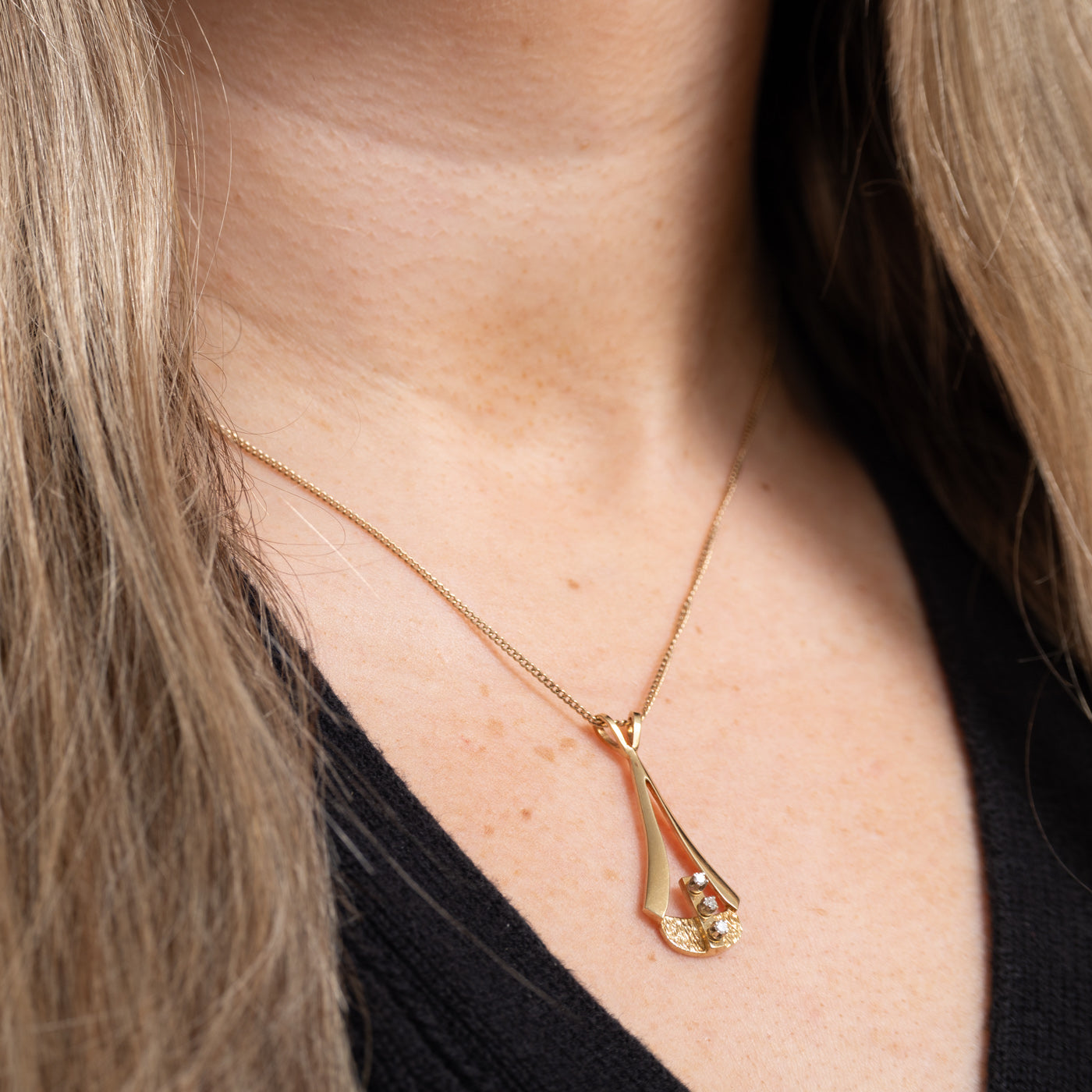 14K Diamond Textured Abstract Pendant