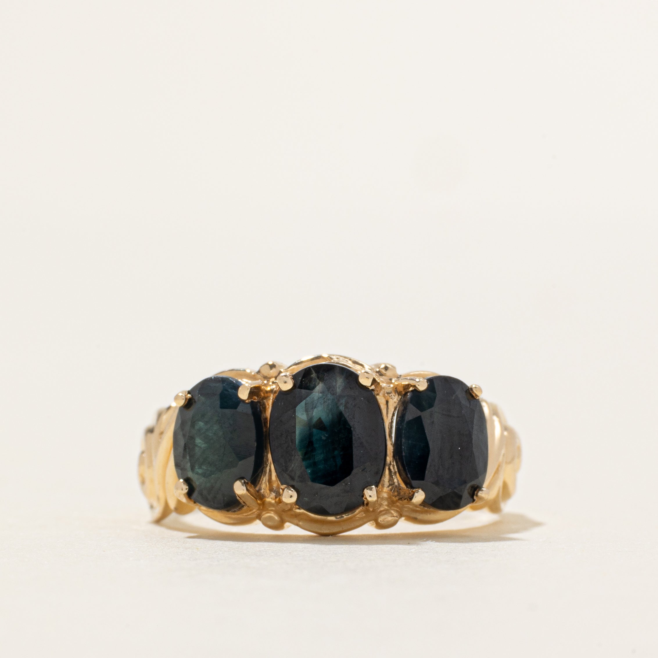 Three Stone Sapphire Swirl Design Ring | 3.34ctw | SZ 7.75
