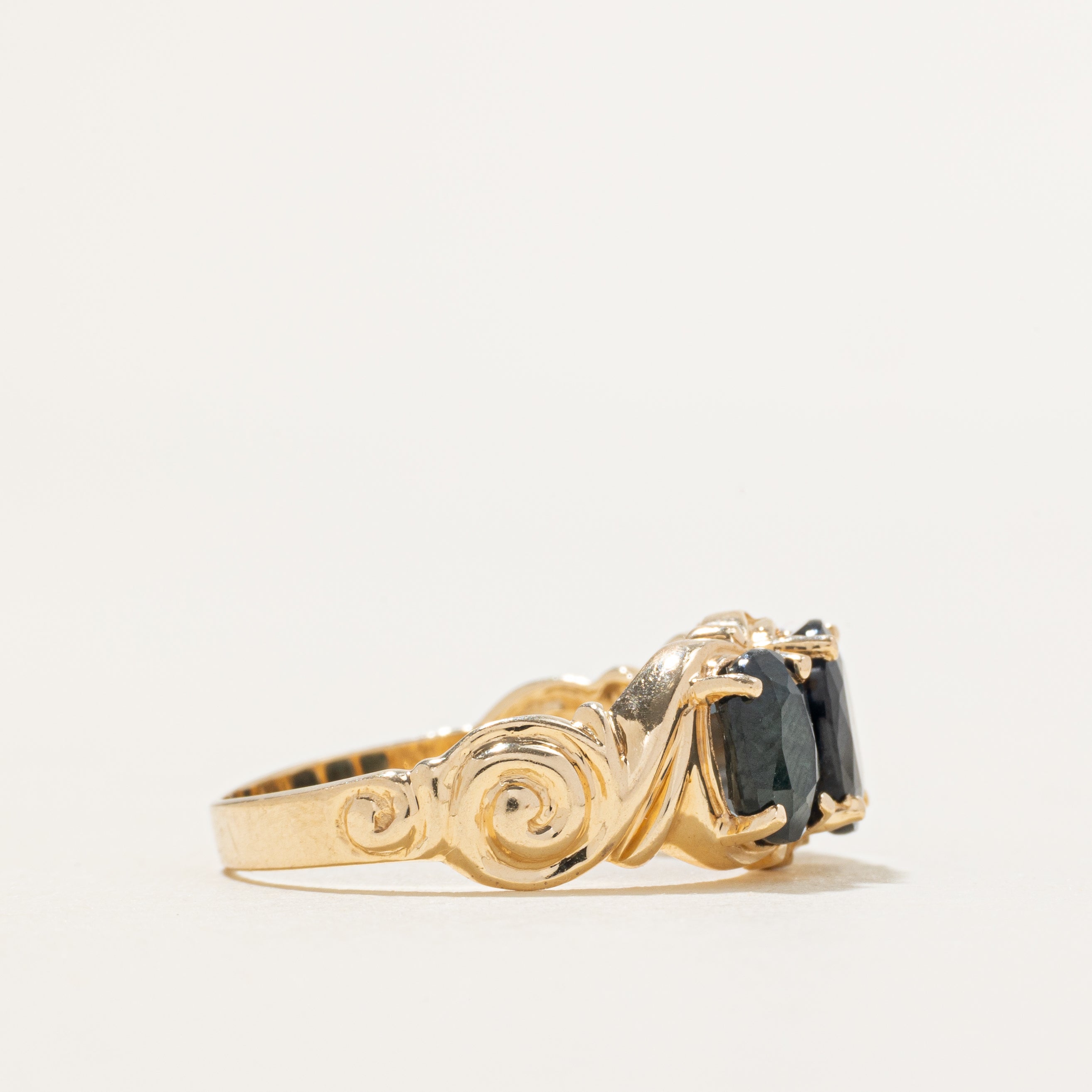 Three Stone Sapphire Swirl Design Ring | 3.34ctw | SZ 7.75