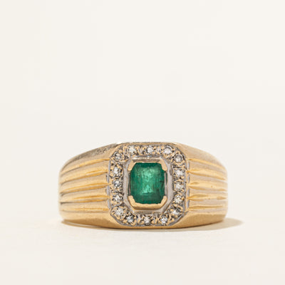 Emerald & Diamond Halo Grooved Ring | 0.52ct, 0.16ctw | SZ 10.5