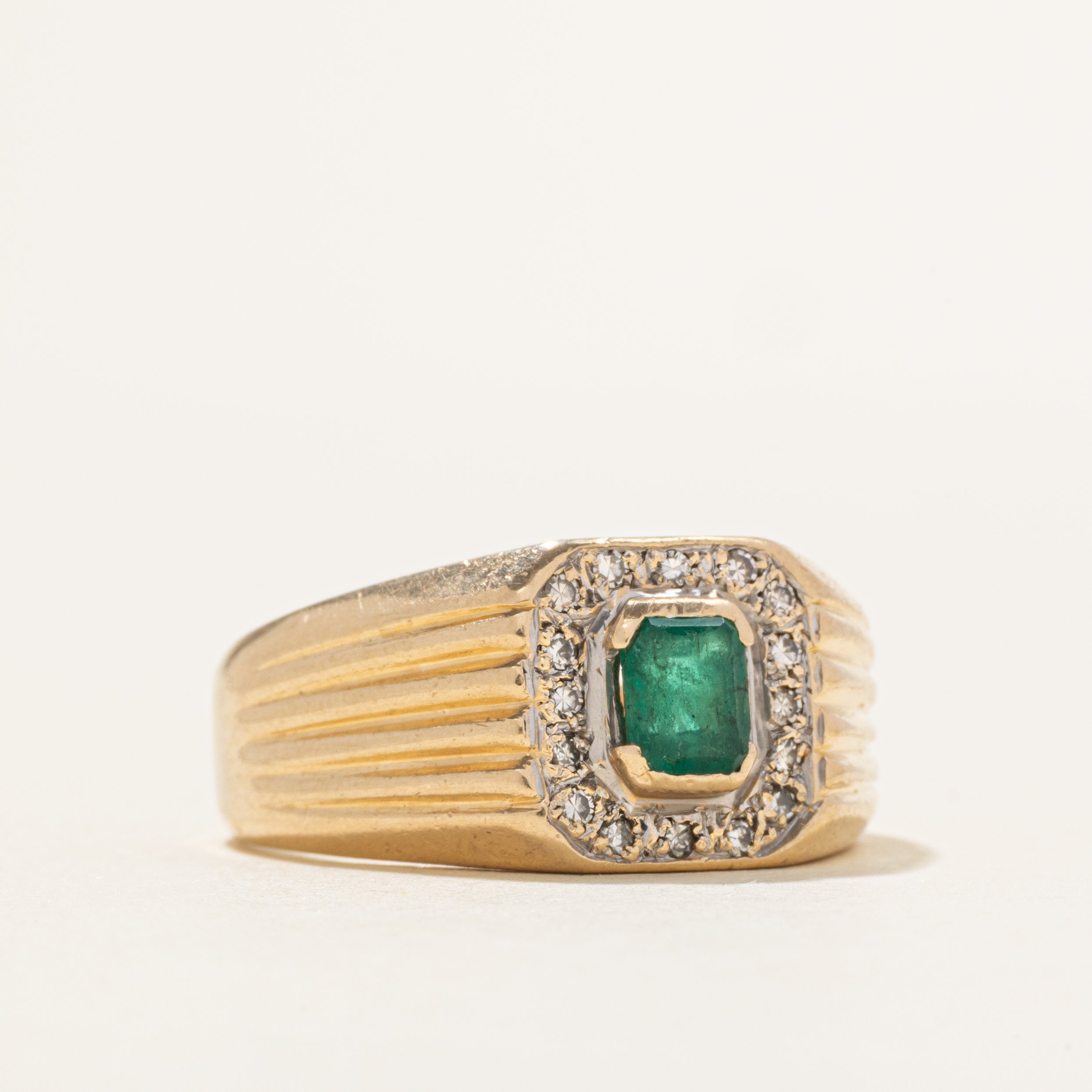 Emerald & Diamond Halo Grooved Ring | 0.52ct, 0.16ctw | SZ 10.5