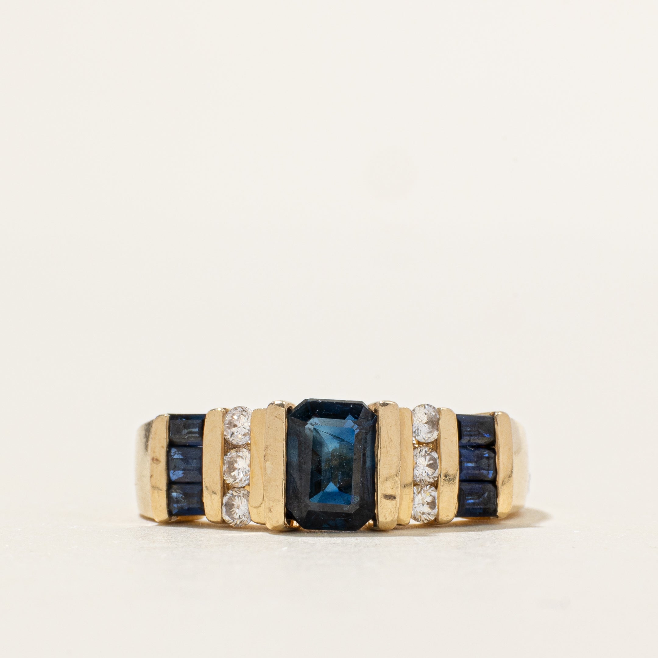 Channel Set Synthetic Sapphire & Natural Diamond Ring | 1.35ctw, 0.09ctw | SZ 8.25