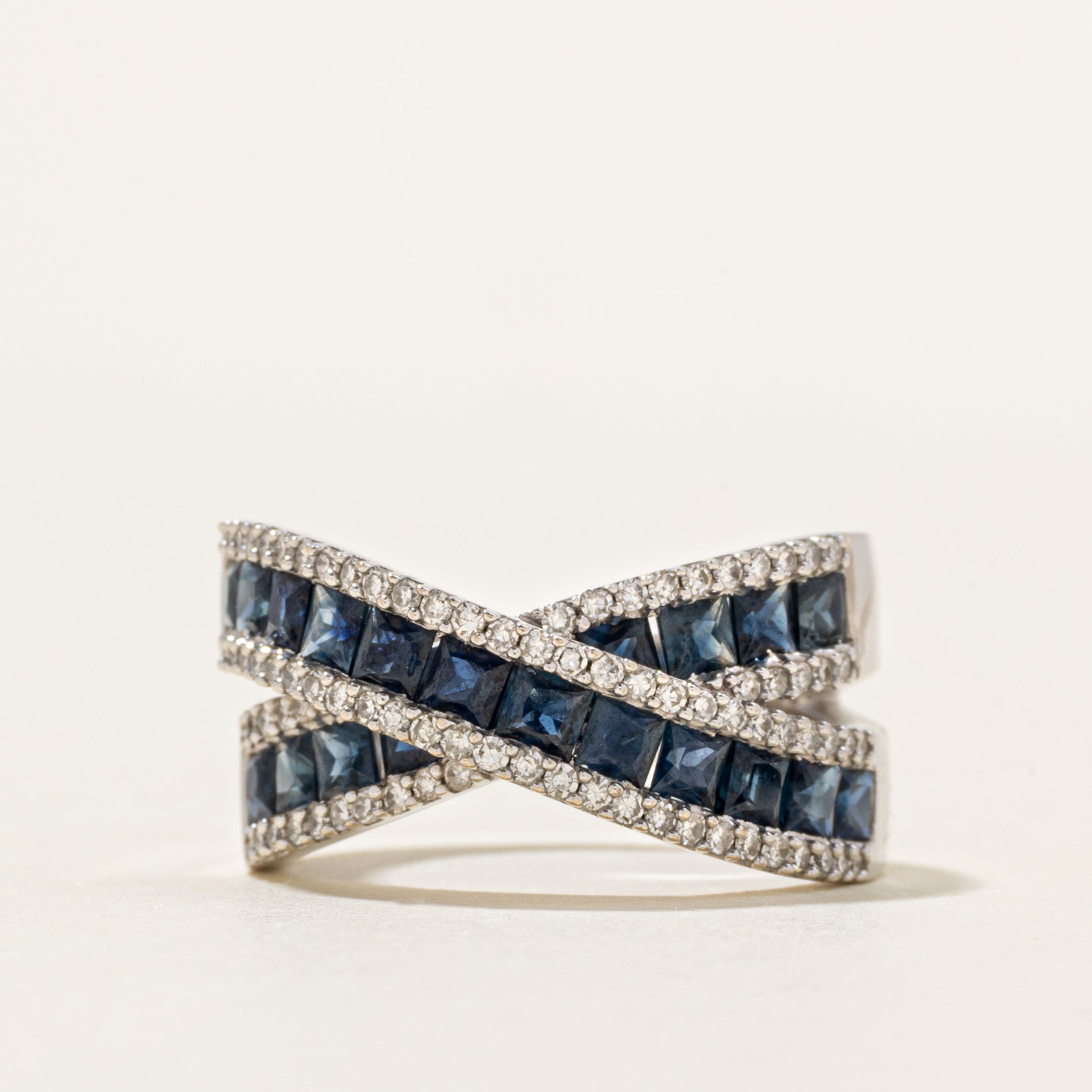 Princess Cut Sapphire & Diamond Cross Over Ring | 1.90ctw, 0.17ctw | SZ 7