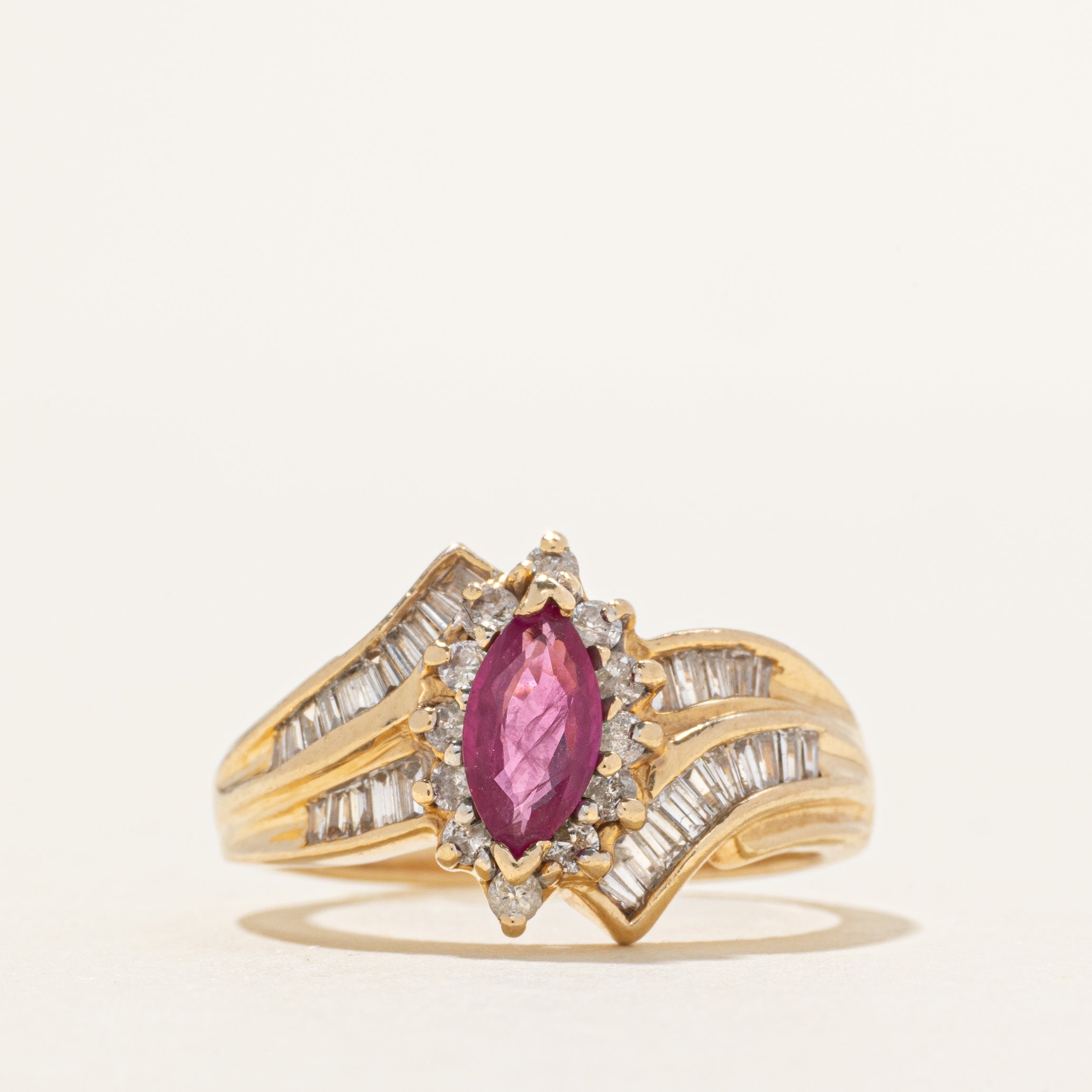 Synthetic Ruby & Diamond Halo Bypass Ring | 0.41ct, 0.63ctw | SZ 5.5