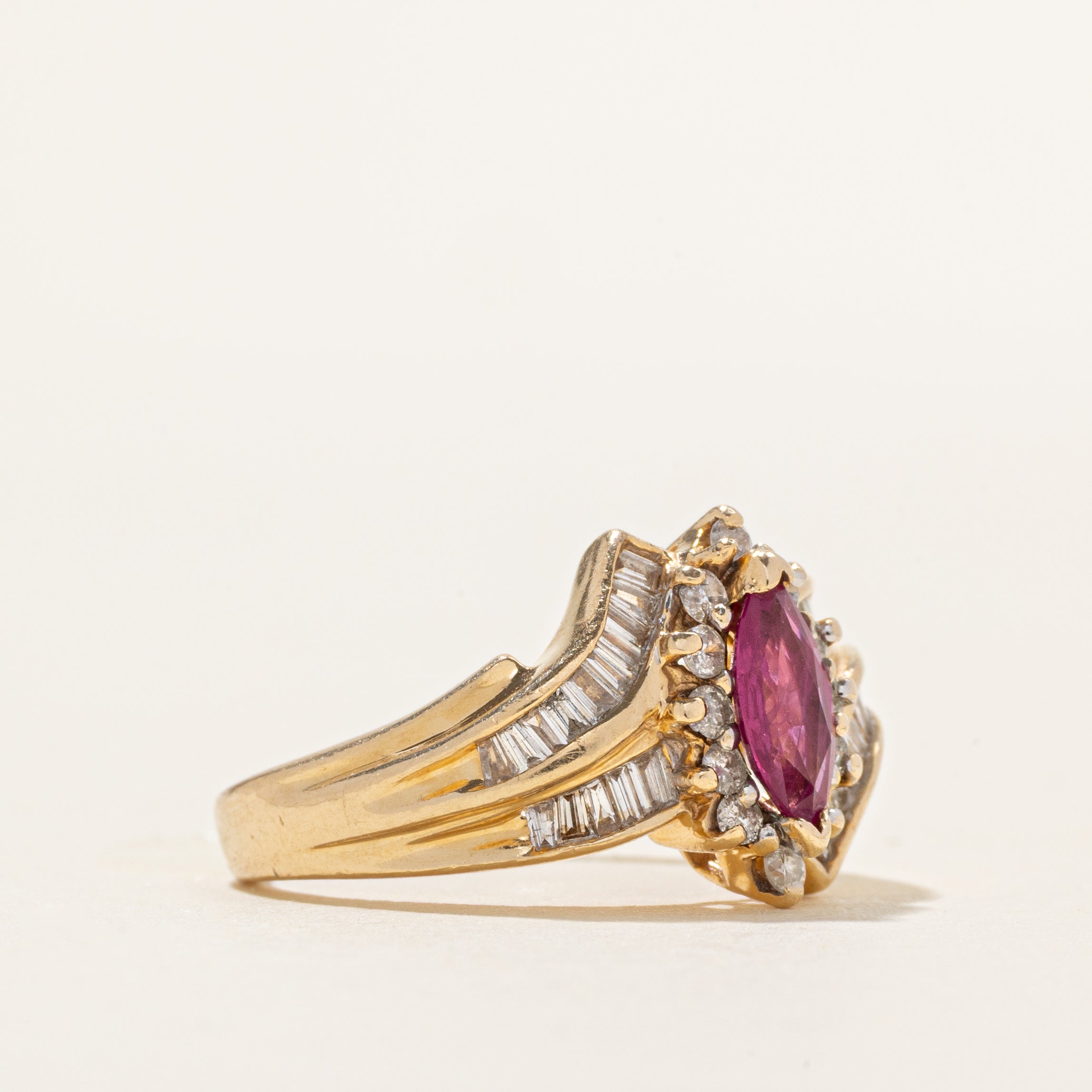 Synthetic Ruby & Diamond Halo Bypass Ring | 0.41ct, 0.63ctw | SZ 5.5