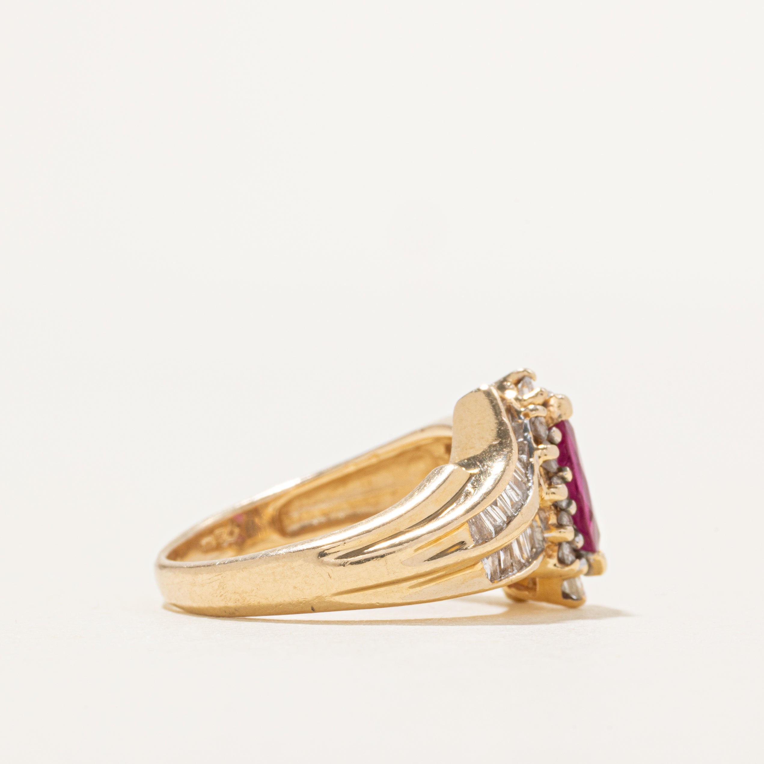 Synthetic Ruby & Diamond Halo Bypass Ring | 0.41ct, 0.63ctw | SZ 5.5