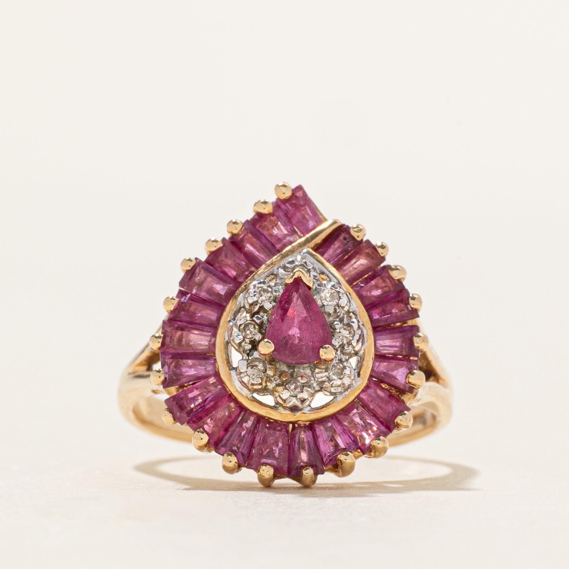 Baguette Cut Ruby & Diamond Cocktail Ring | 1.06ctw, 0.02ctw | SZ 6