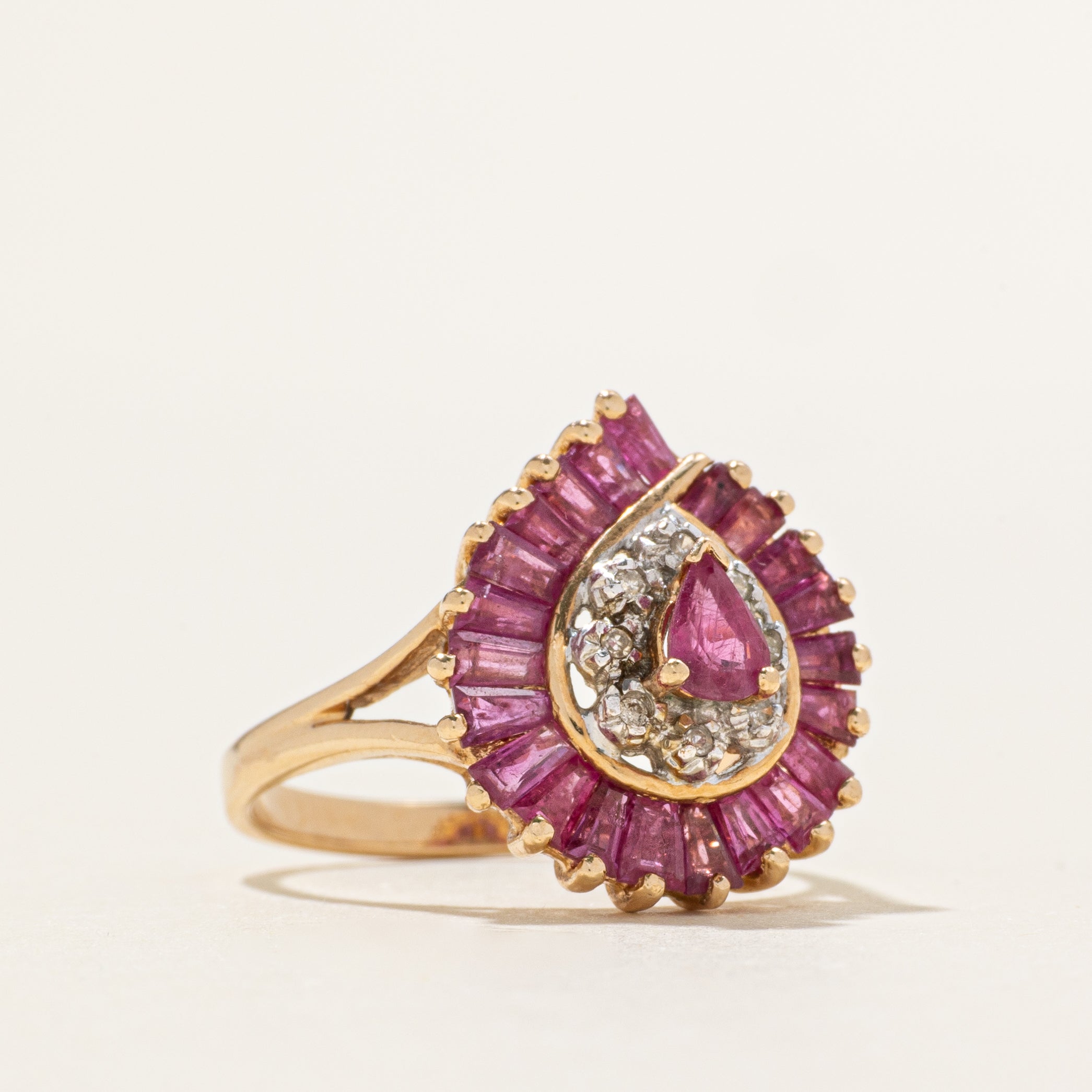 Baguette Cut Ruby & Diamond Cocktail Ring | 1.06ctw, 0.02ctw | SZ 6