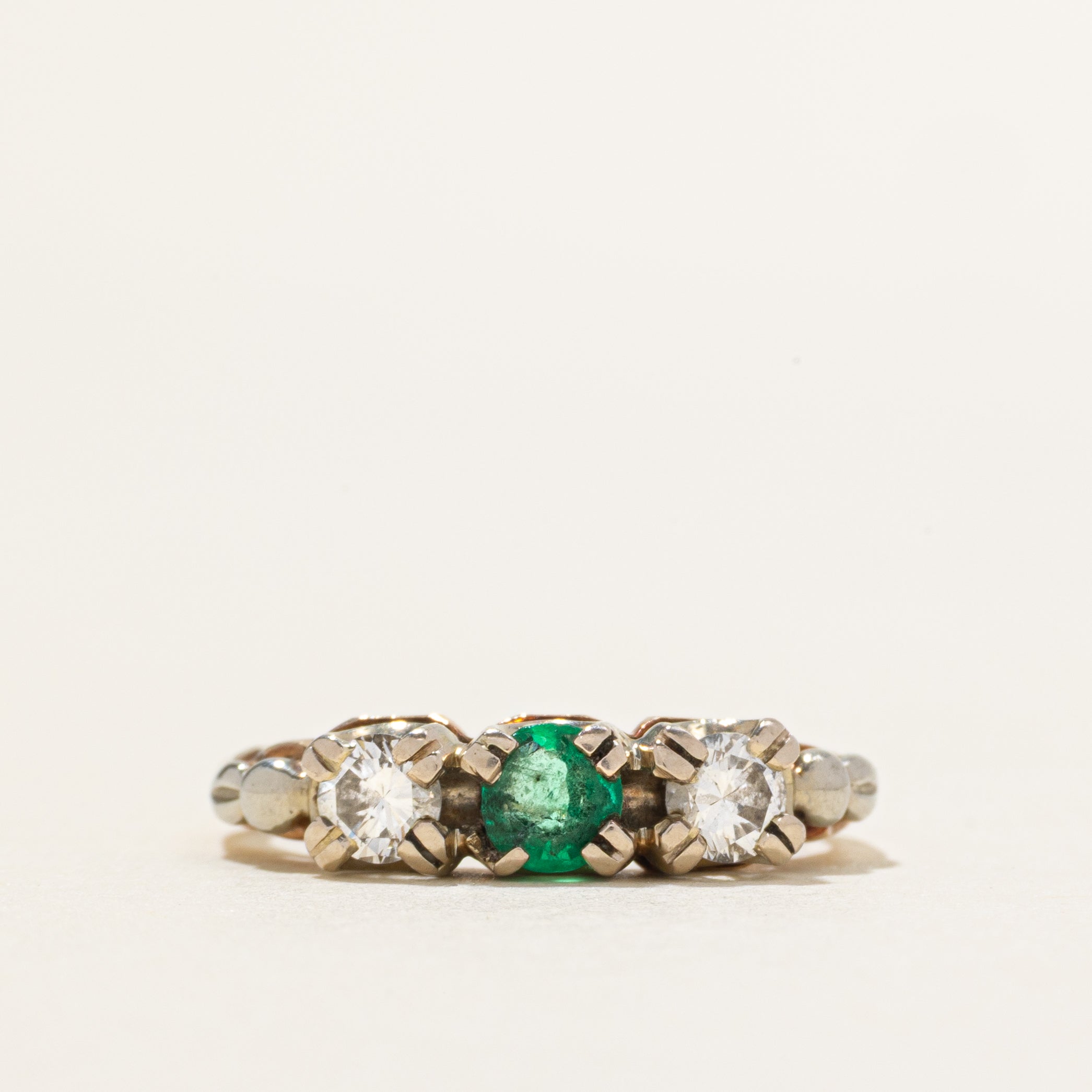 Three Stone Emerald & Diamond Ring | 0.23ct, 0.30ctw | SZ 5.5