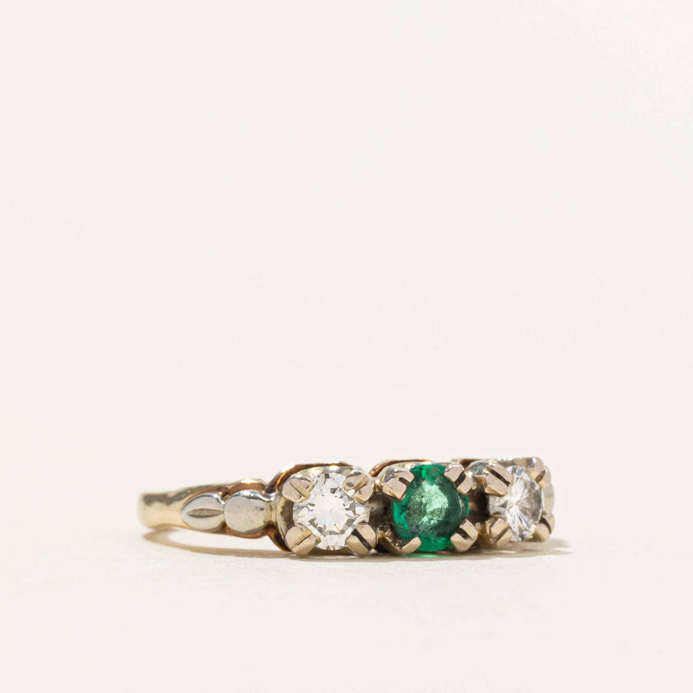 Three Stone Emerald & Diamond Ring | 0.23ct, 0.30ctw | SZ 5.5