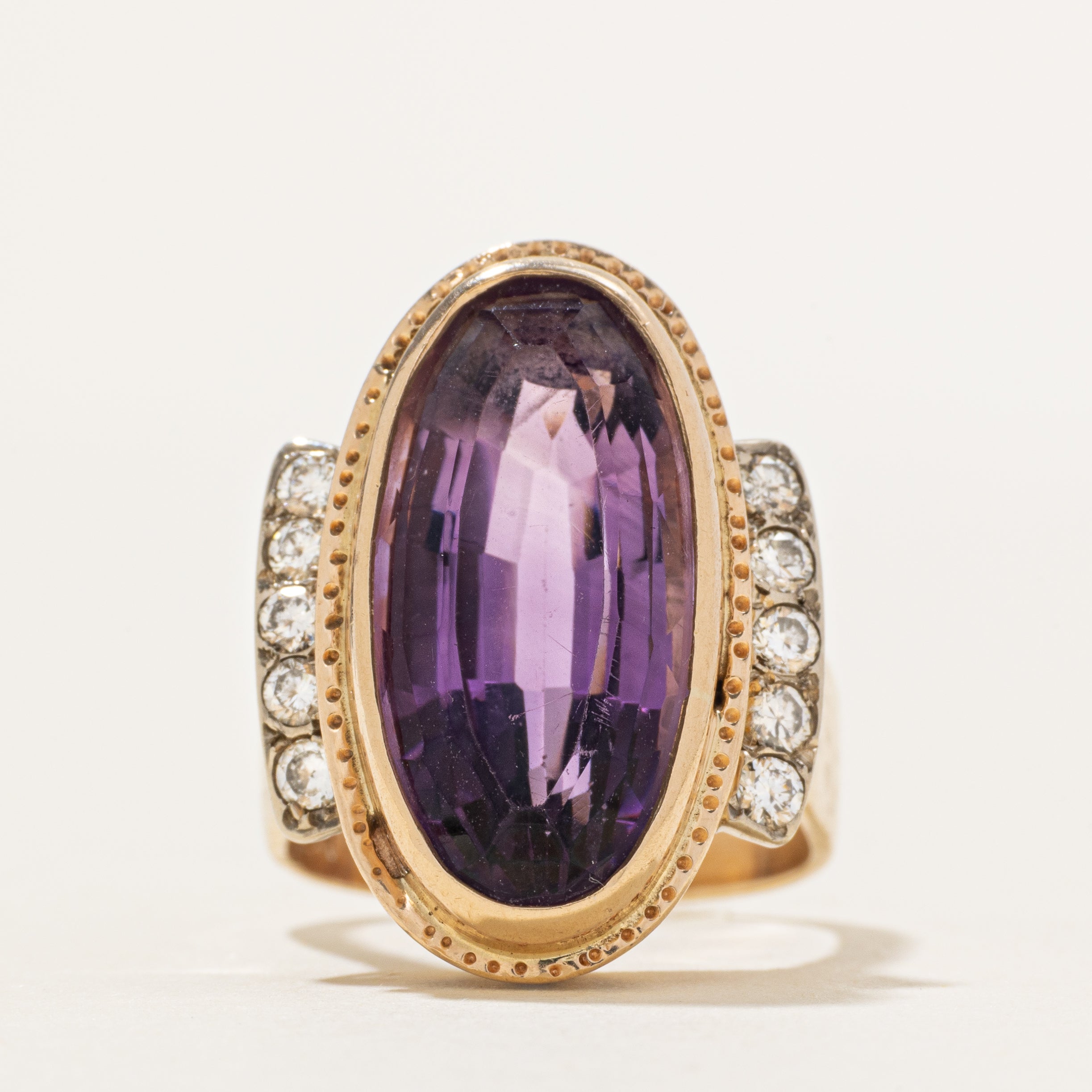 Bezel Set Amethyst & Diamond Cocktail Ring | 10.40ct, 0.40ctw | SZ 6.5