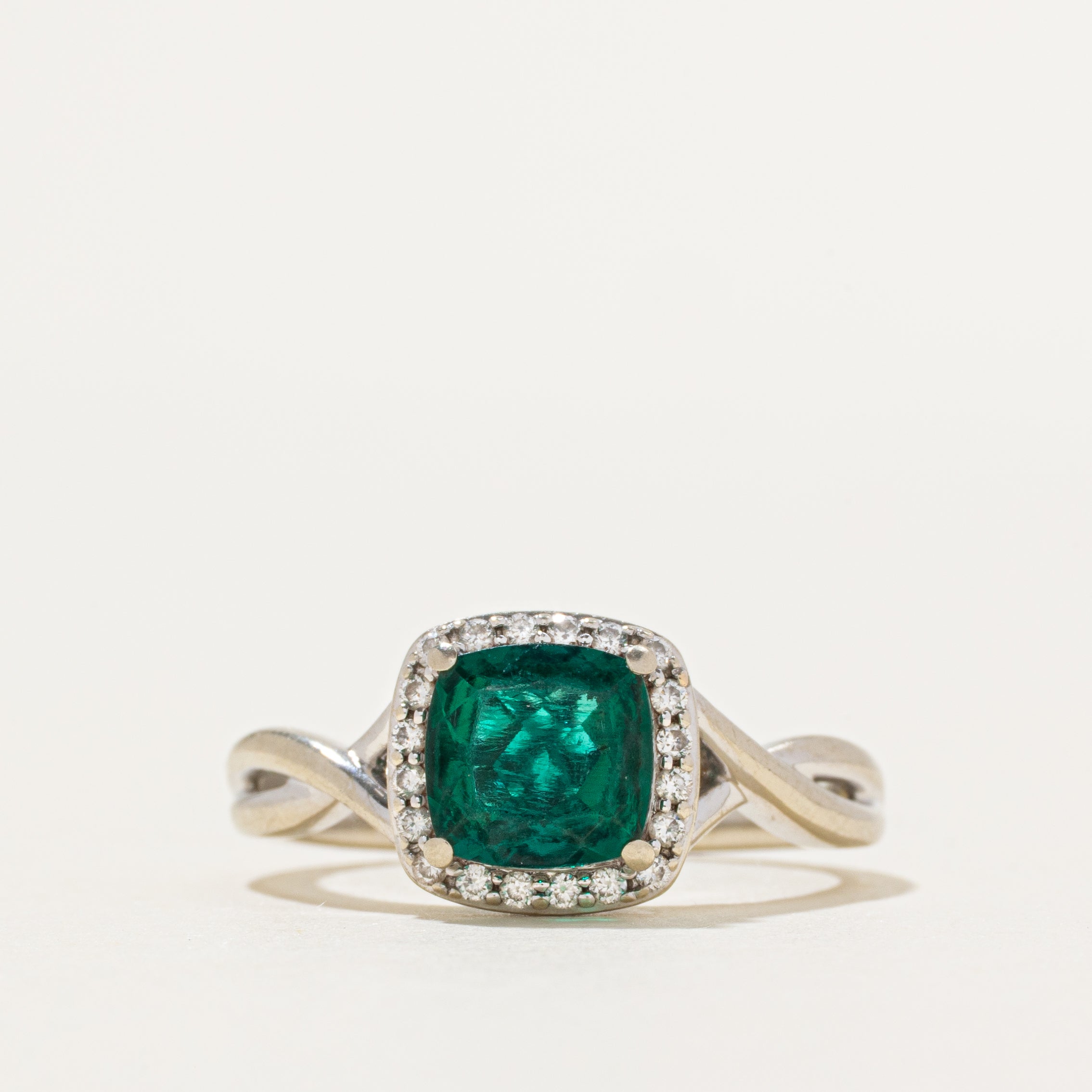 Synthetic Emerald & Diamond Halo Cross Over Ring | 1.10ct, 0.04ctw | SZ 7