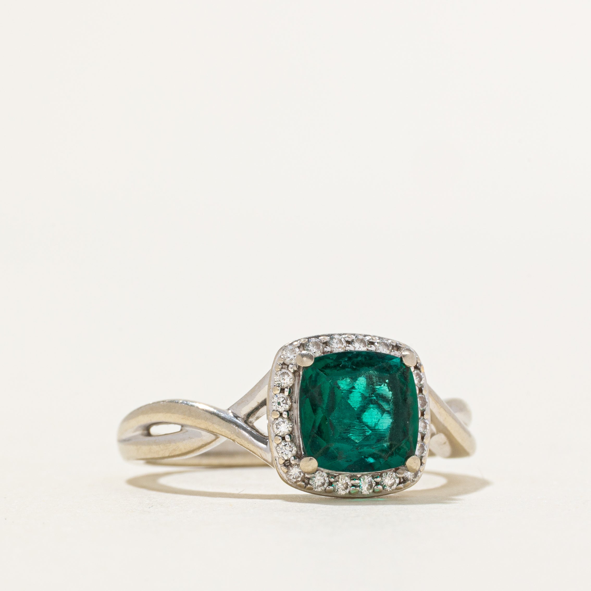 Synthetic Emerald & Diamond Halo Cross Over Ring | 1.10ct, 0.04ctw | SZ 7