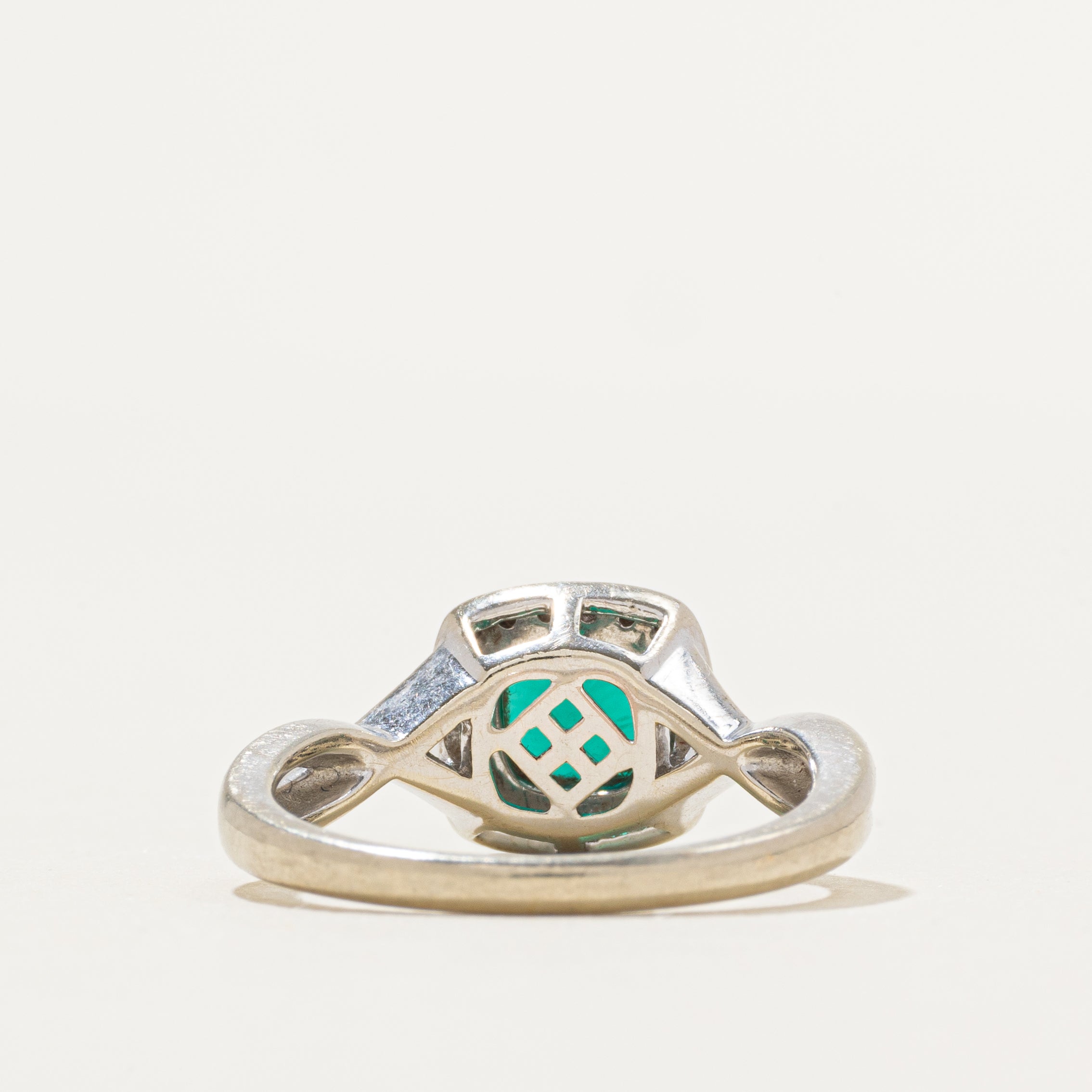 Synthetic Emerald & Diamond Halo Cross Over Ring | 1.10ct, 0.04ctw | SZ 7