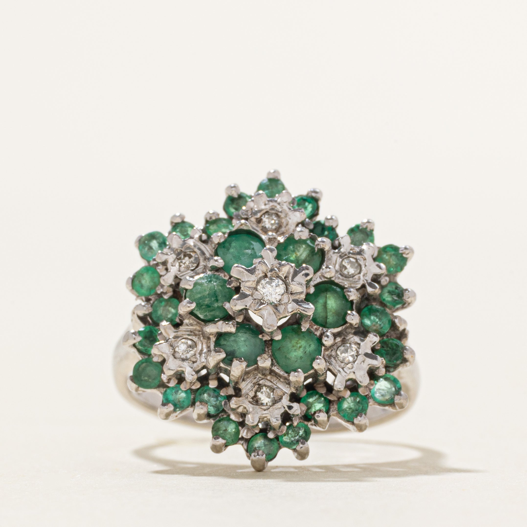 18k Emerald & Diamond Cluster Cocktail Ring | 1.02ctw, 0.06ctw | SZ 6.5