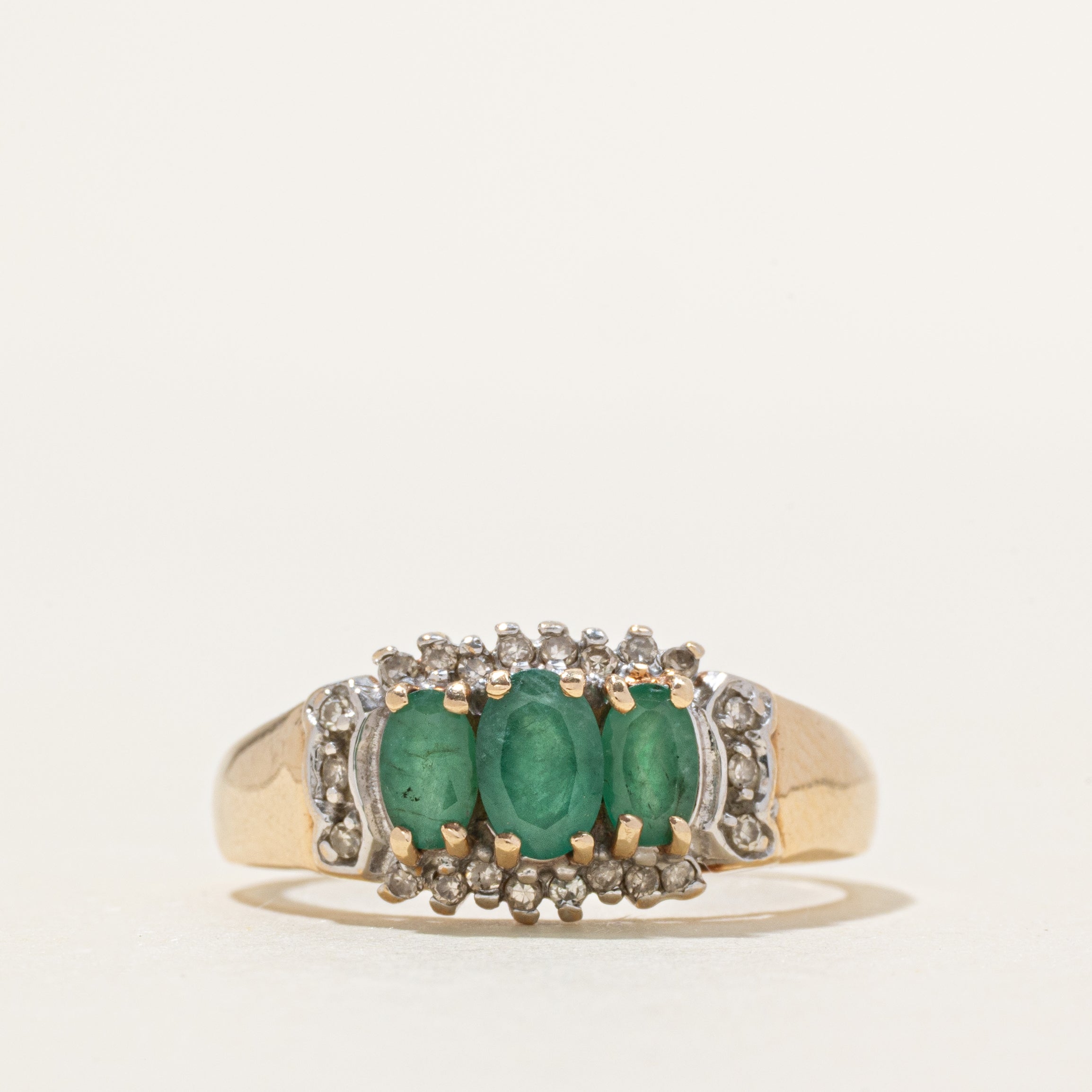 Three Stone Emerald & Diamond Halo Ring | 0.79ctw, 0.11ctw | SZ 7.25