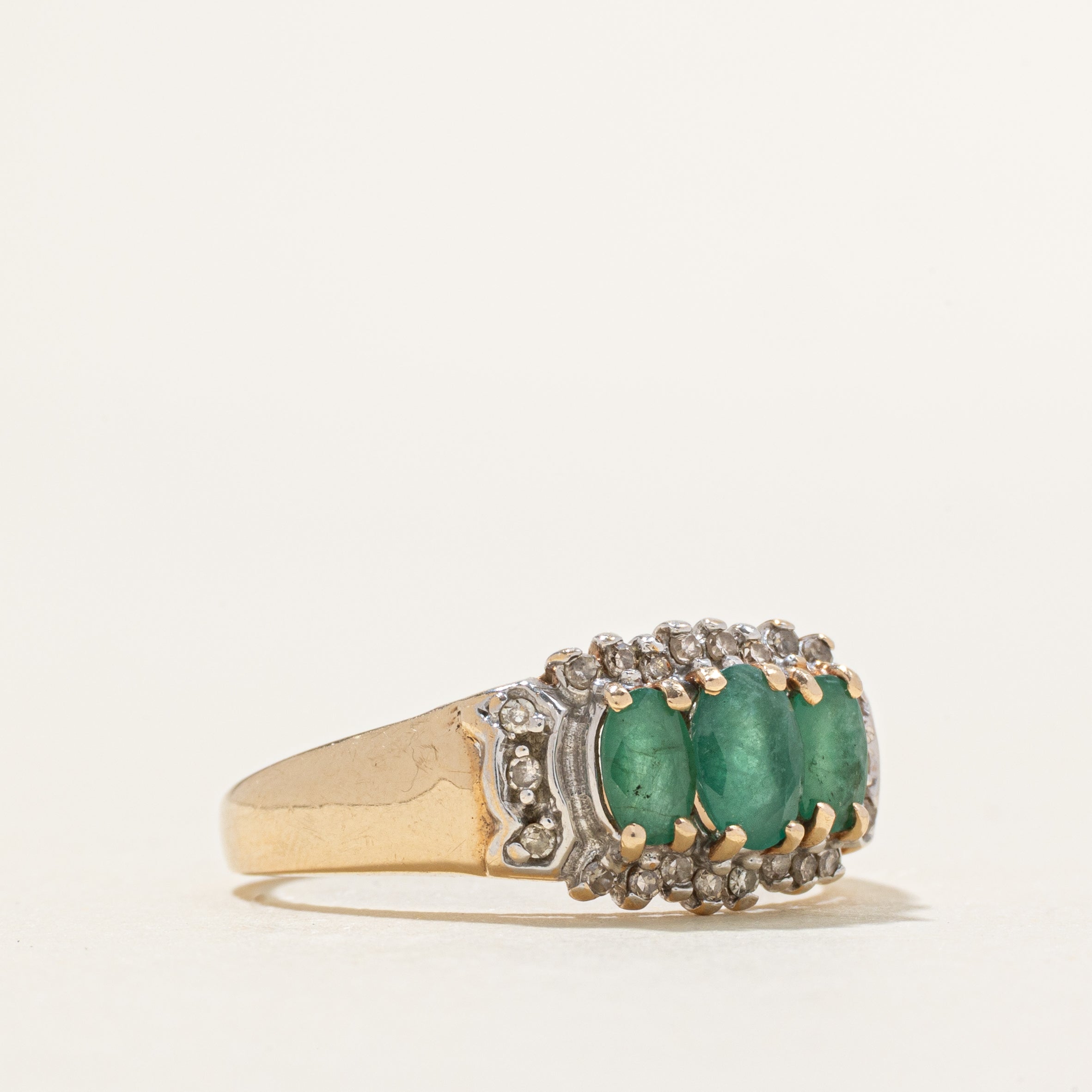 Three Stone Emerald & Diamond Halo Ring | 0.79ctw, 0.11ctw | SZ 7.25