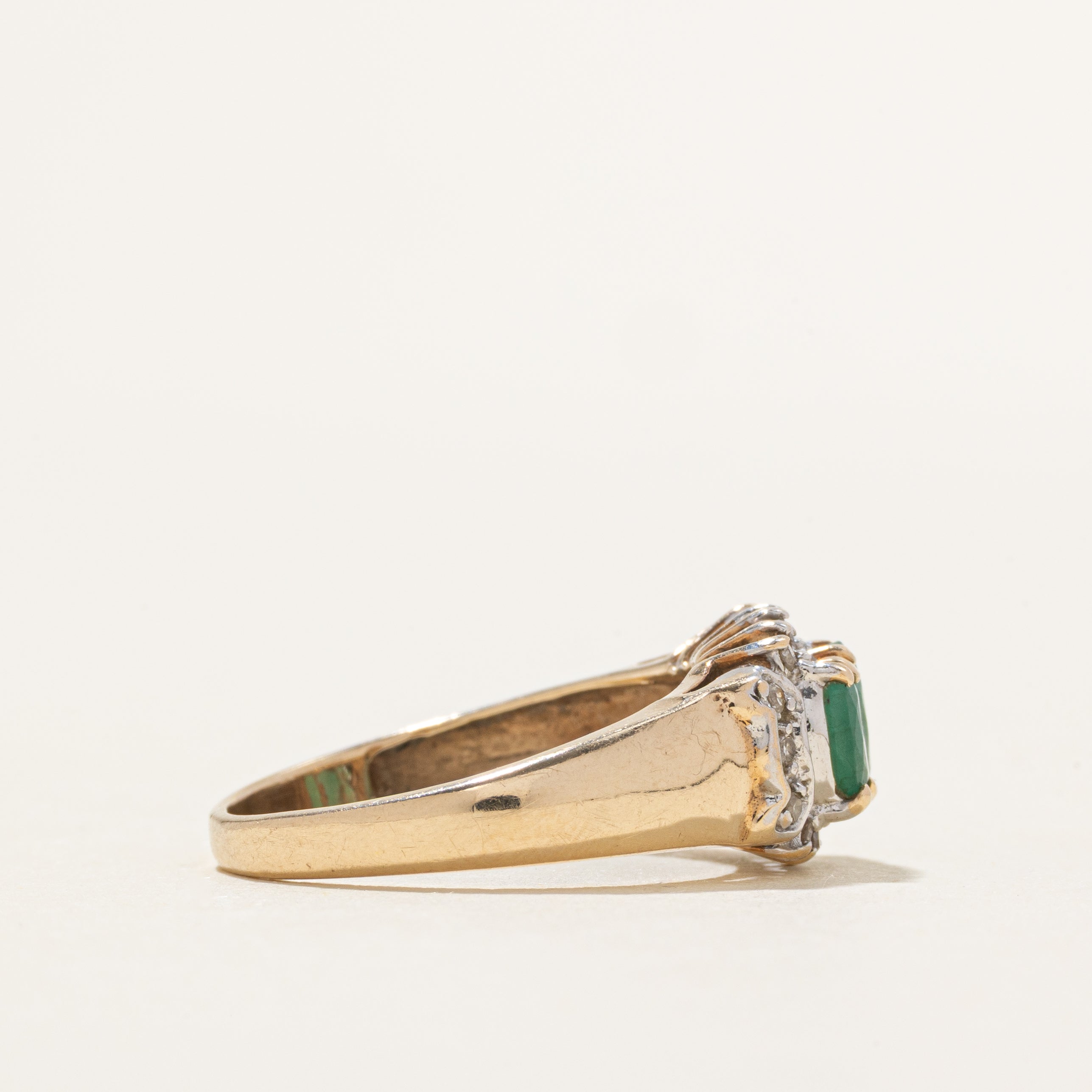 Three Stone Emerald & Diamond Halo Ring | 0.79ctw, 0.11ctw | SZ 7.25