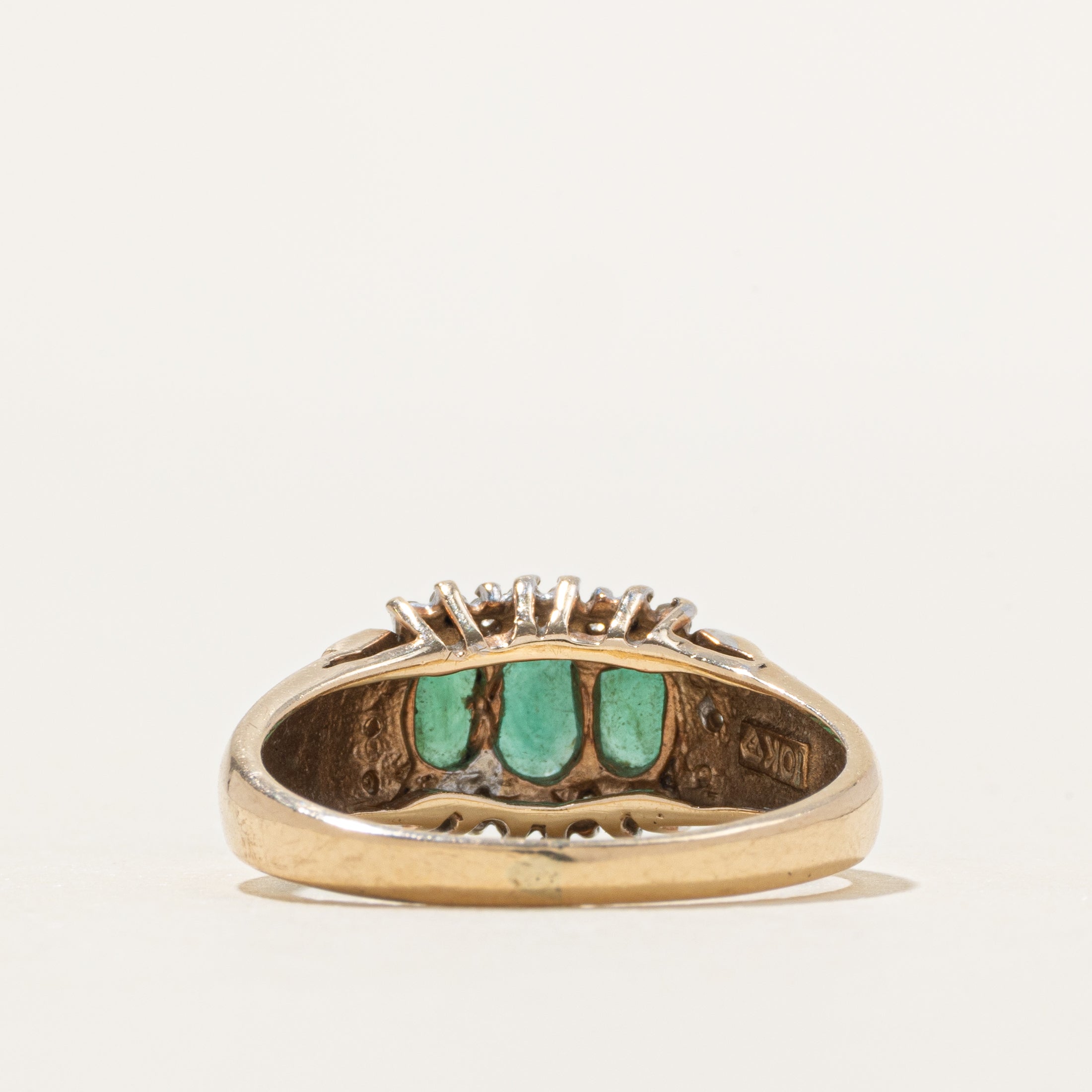 Three Stone Emerald & Diamond Halo Ring | 0.79ctw, 0.11ctw | SZ 7.25