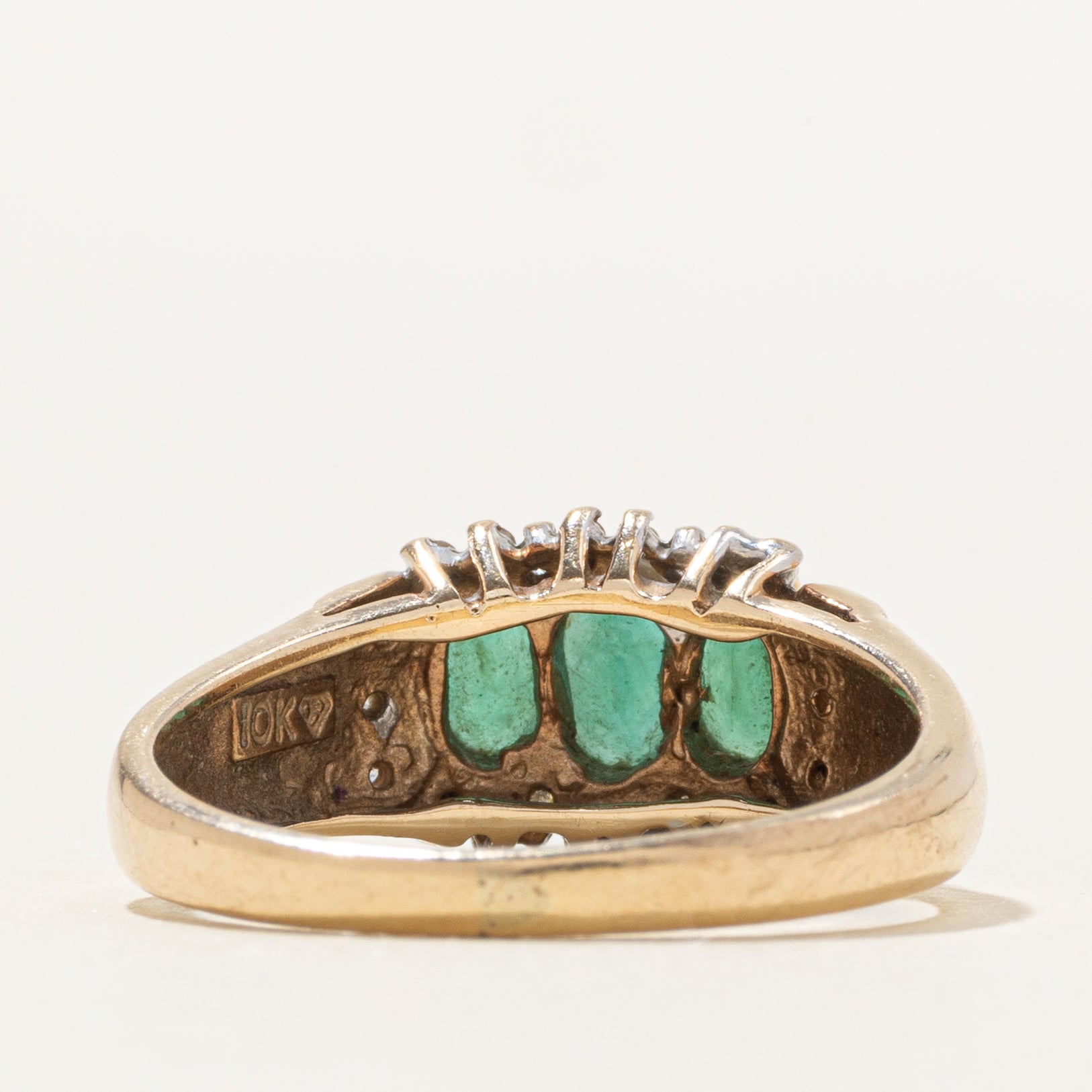 Three Stone Emerald & Diamond Halo Ring | 0.79ctw, 0.11ctw | SZ 7.25