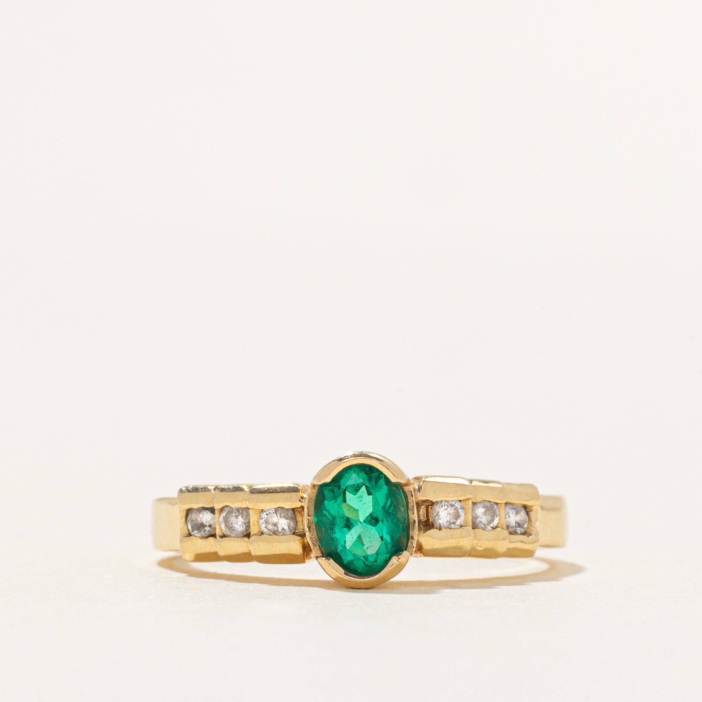 18k Semi Bezel Set Synthetic Emerald & Diamond Ring | 0.42ct, 0.15ctw | SZ 7.25