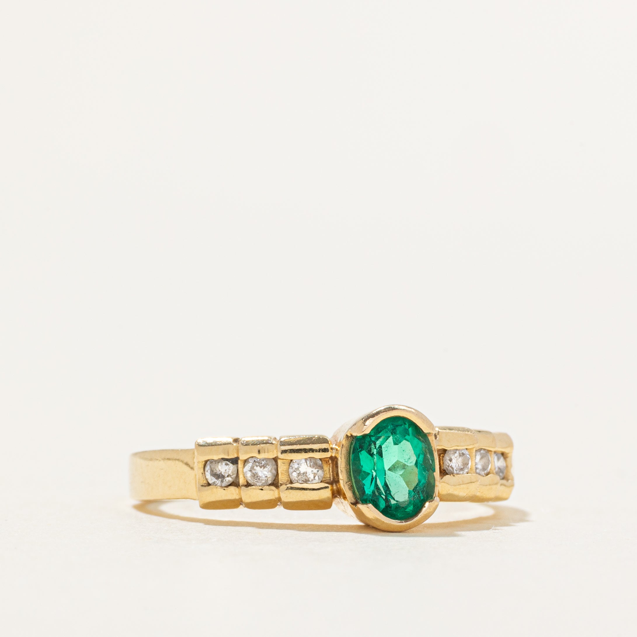 18k Semi Bezel Set Synthetic Emerald & Diamond Ring | 0.42ct, 0.15ctw | SZ 7.25