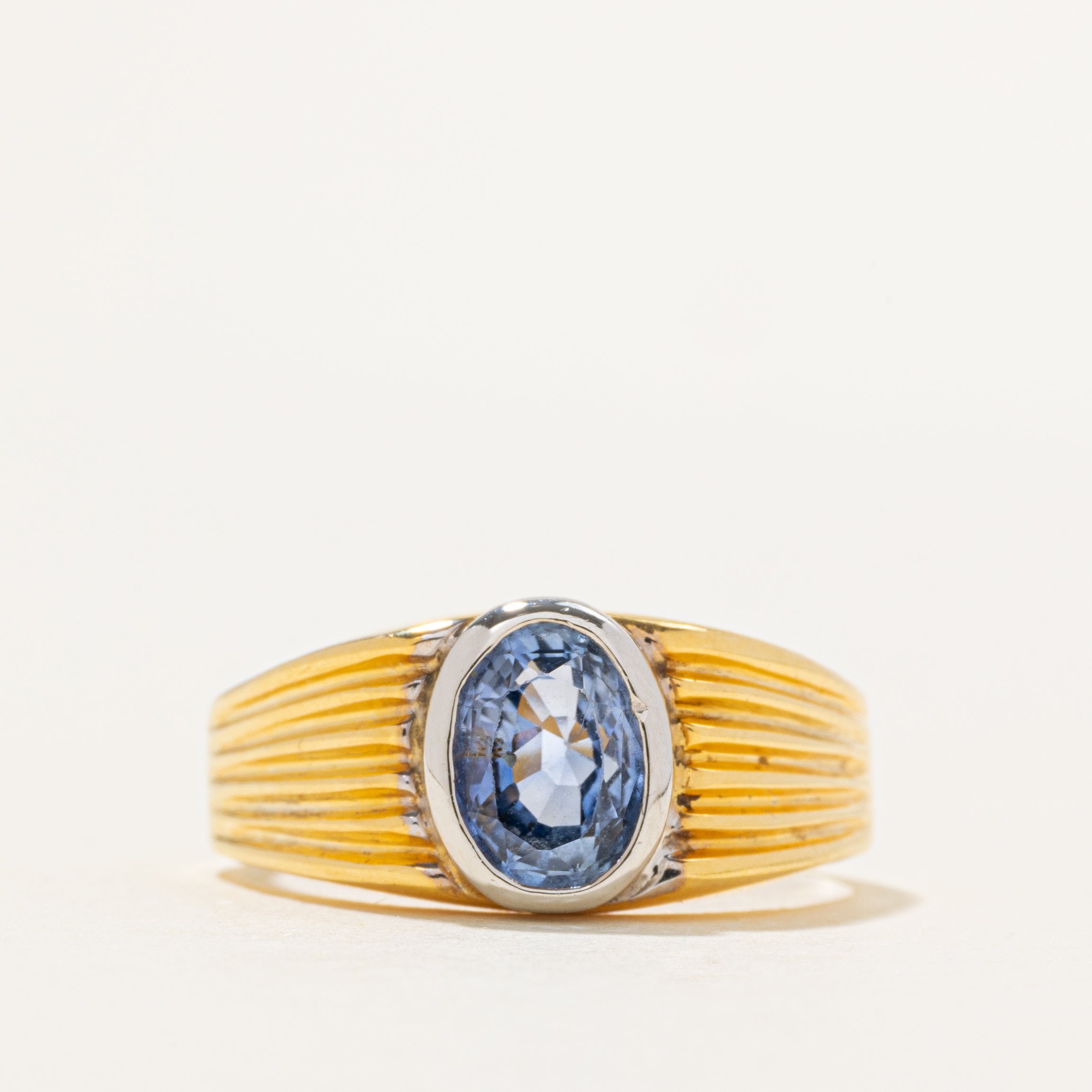 18k Bezel Set Ceylon Sapphire Grooved Ring | 1.92ct | SZ 9.5