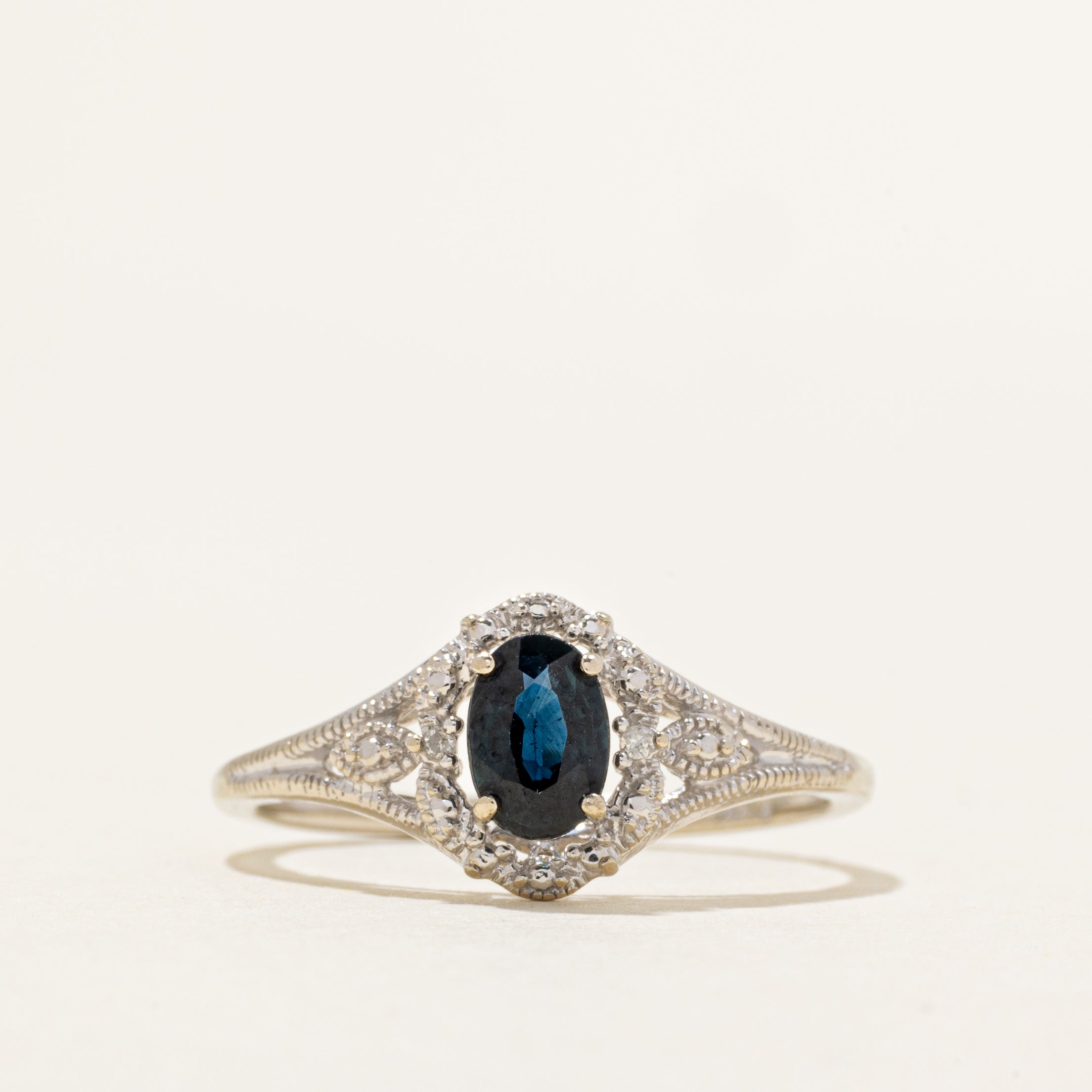 Sapphire & Diamond Halo Ornate Ring | 0.52ct, 0.004ctw | SZ 7