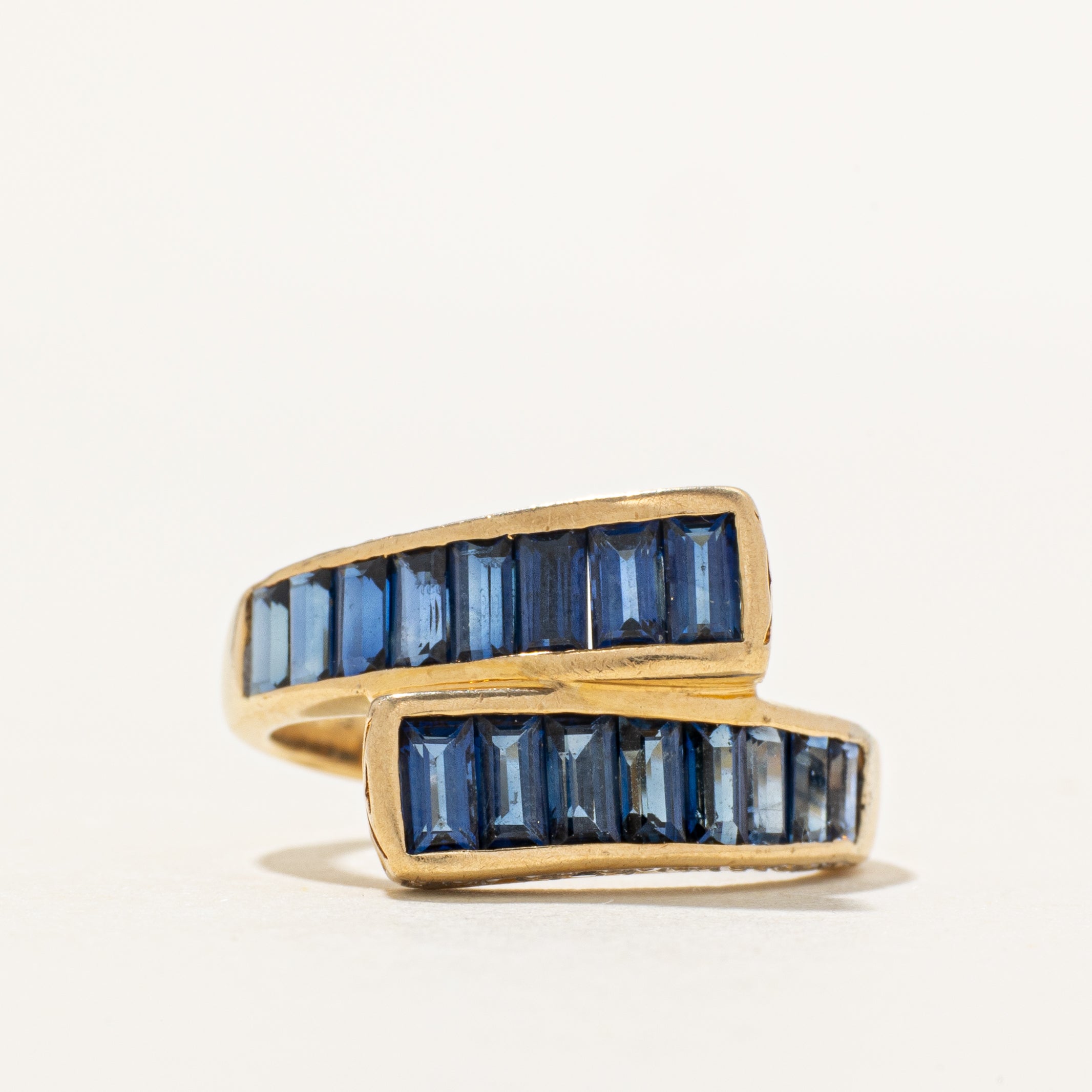 18k Baguette Cut Sapphire & Diamond Bypass Ring | 1.96ctw, 0.08ctw | SZ 5.5