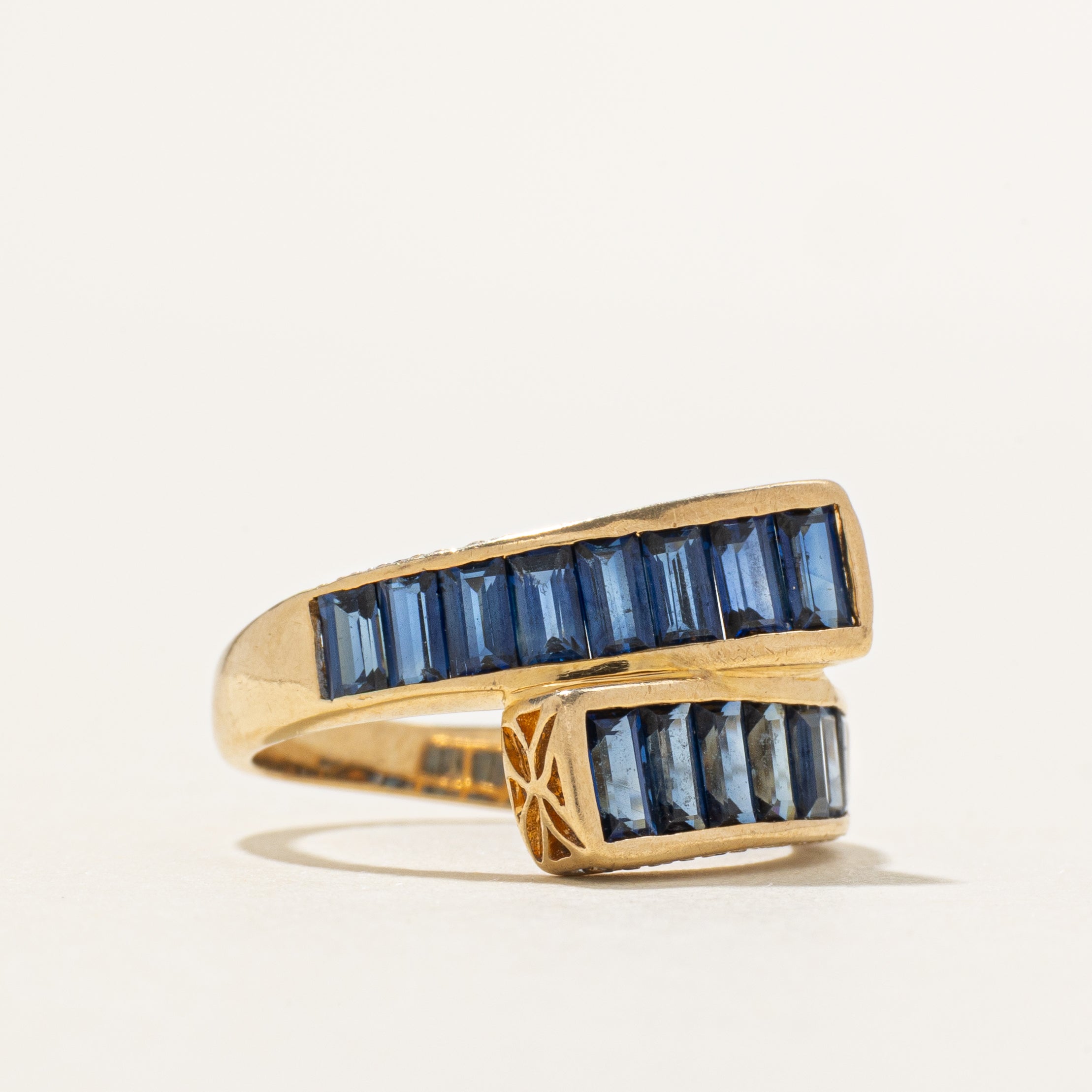 18k Baguette Cut Sapphire & Diamond Bypass Ring | 1.96ctw, 0.08ctw | SZ 5.5