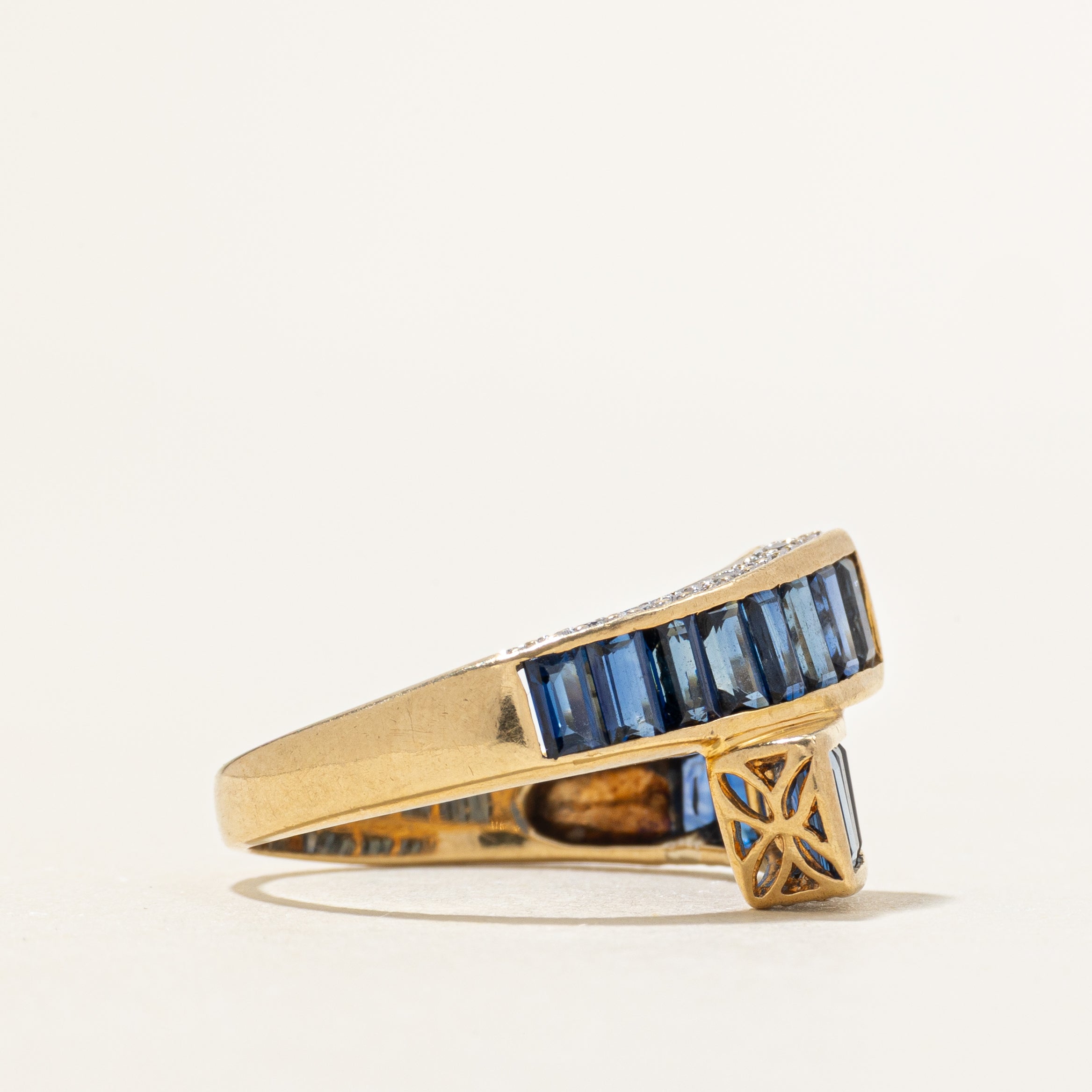18k Baguette Cut Sapphire & Diamond Bypass Ring | 1.96ctw, 0.08ctw | SZ 5.5