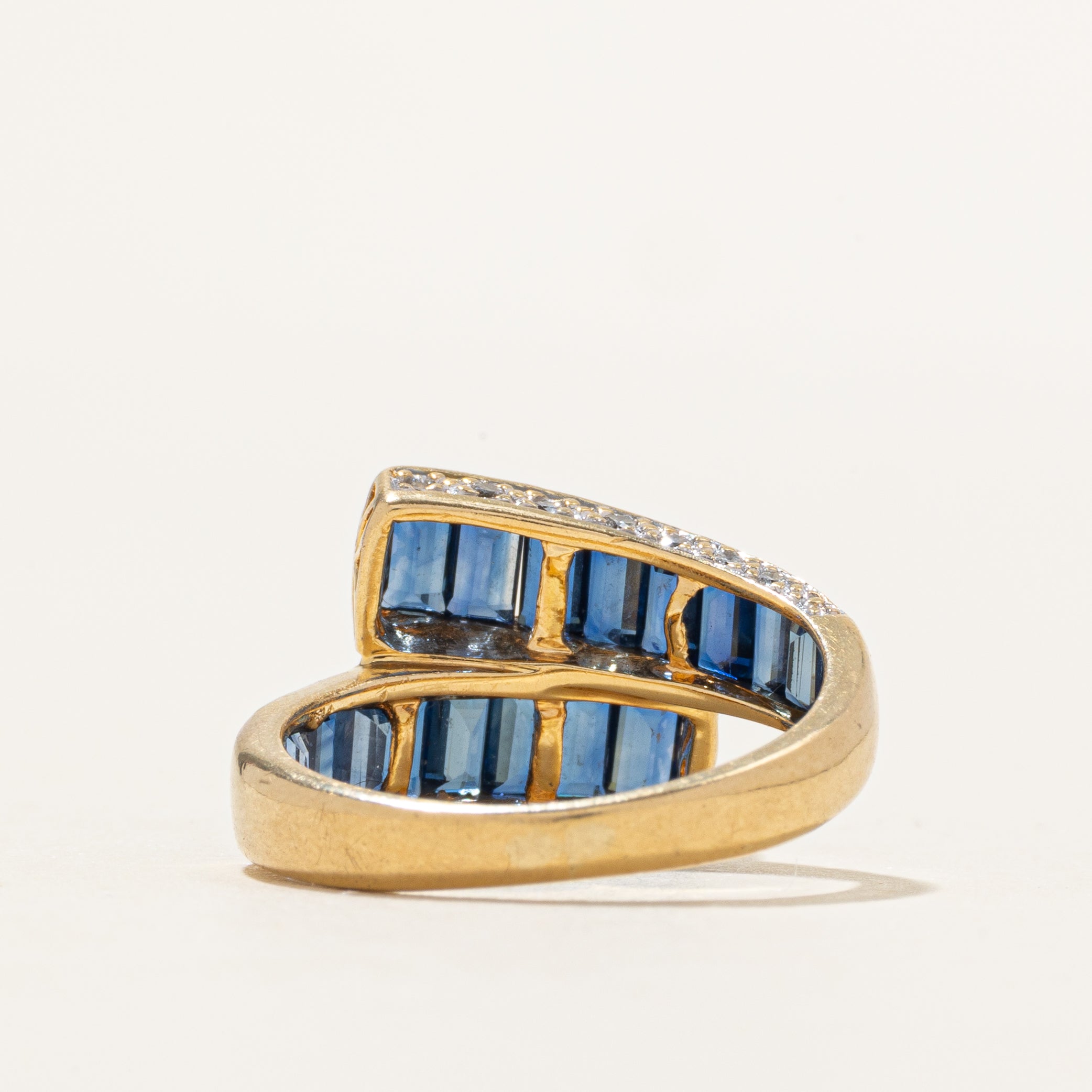 18k Baguette Cut Sapphire & Diamond Bypass Ring | 1.96ctw, 0.08ctw | SZ 5.5