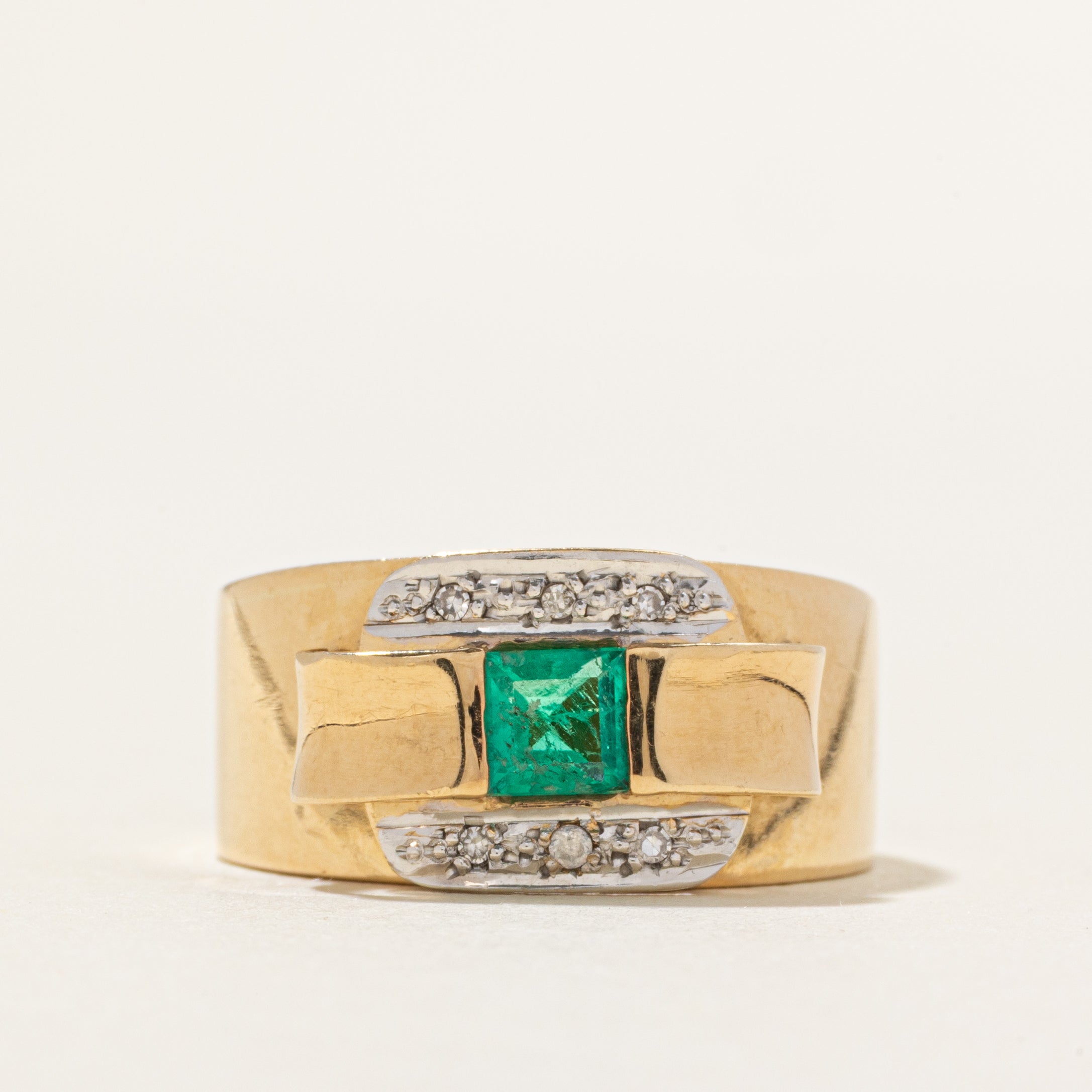 18k Step Cut Emerald & Diamond Chunky Ring | 0.27ct, 0.03ctw | SZ 7.5