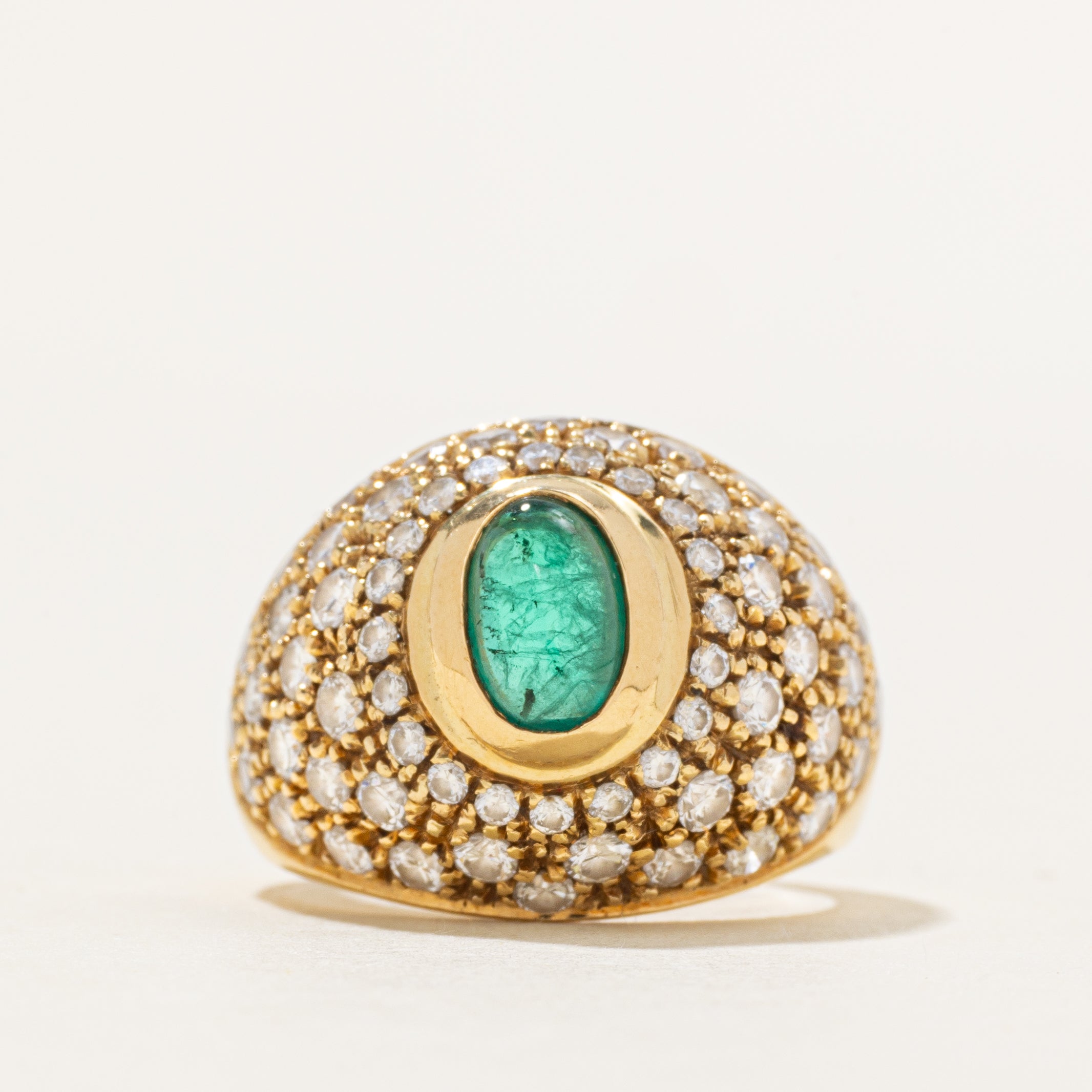 18k Cabochon Emerald & Diamond Dome Ring | 0.70ct, 1.55ctw | SZ 5.5