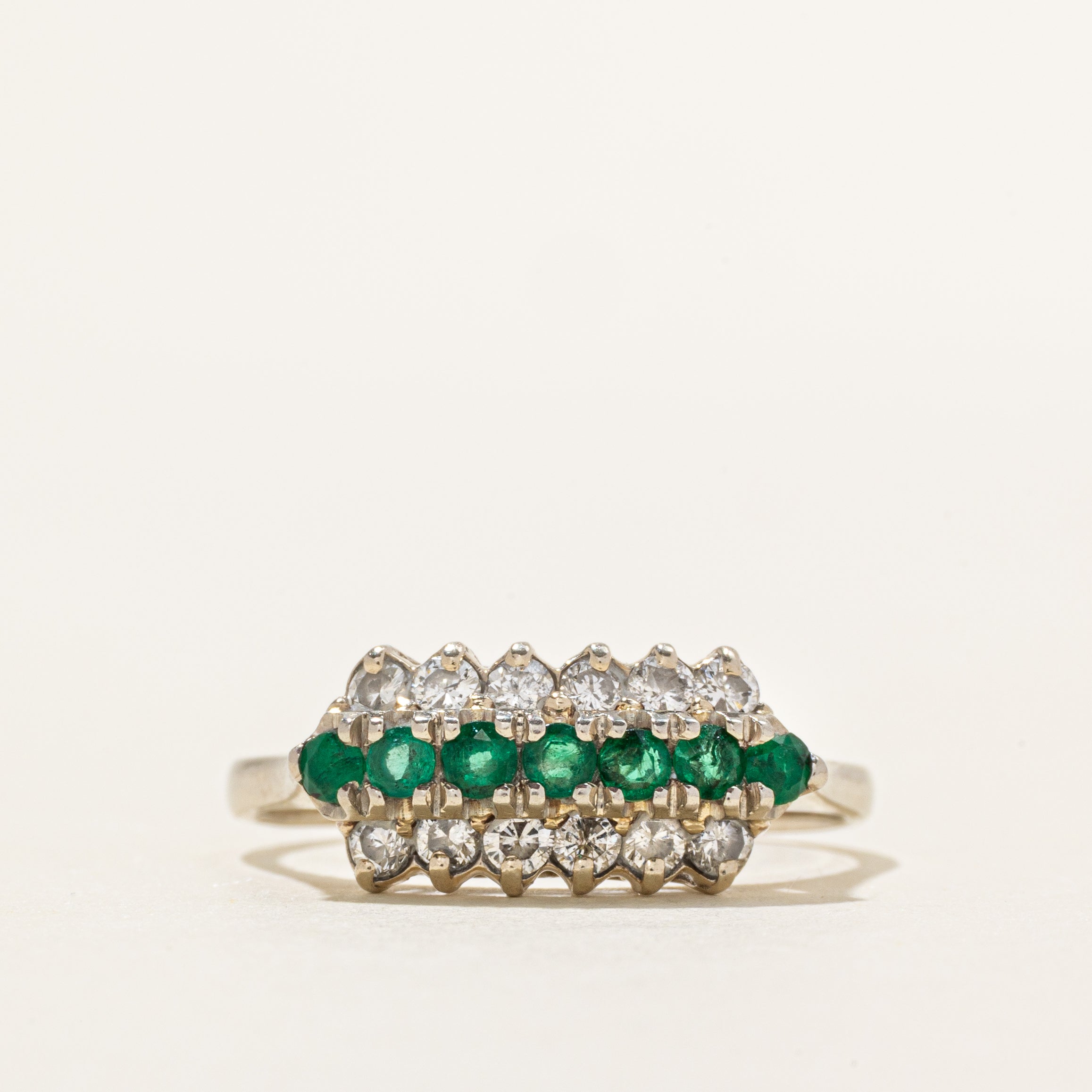 White Gold Multi Row Emerald & Diamond Ring | 0.28ctw, 0.29ctw | SZ 9
