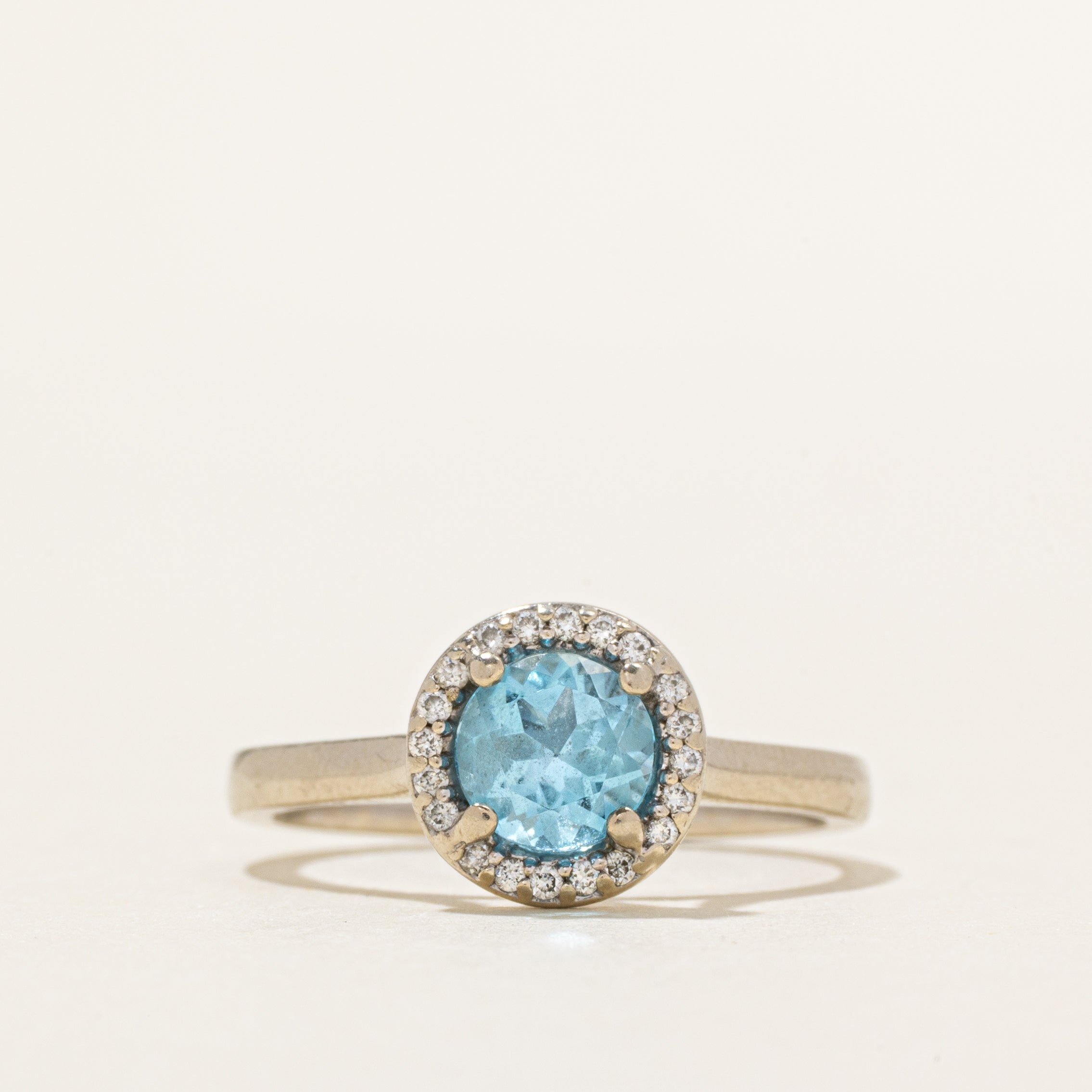 White Gold Blue Topaz & Diamond Halo Ring | 1.00ct, 0.08ctw | SZ 6.75