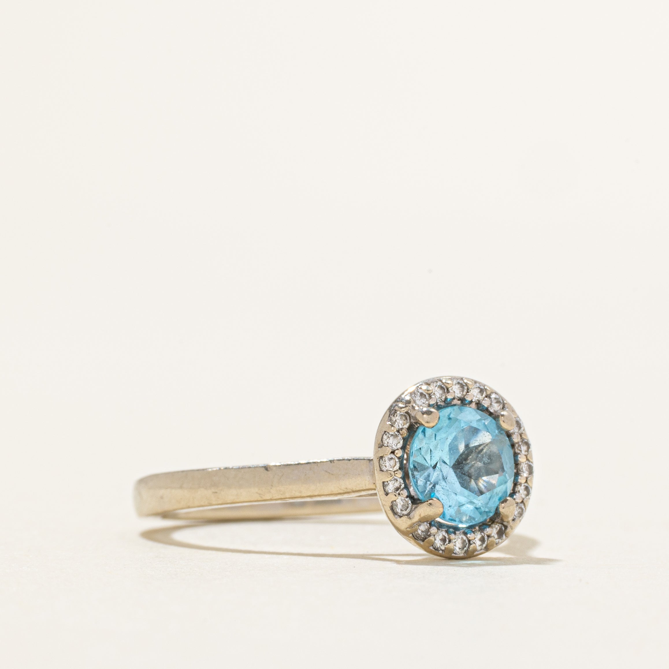 White Gold Blue Topaz & Diamond Halo Ring | 1.00ct, 0.08ctw | SZ 6.75