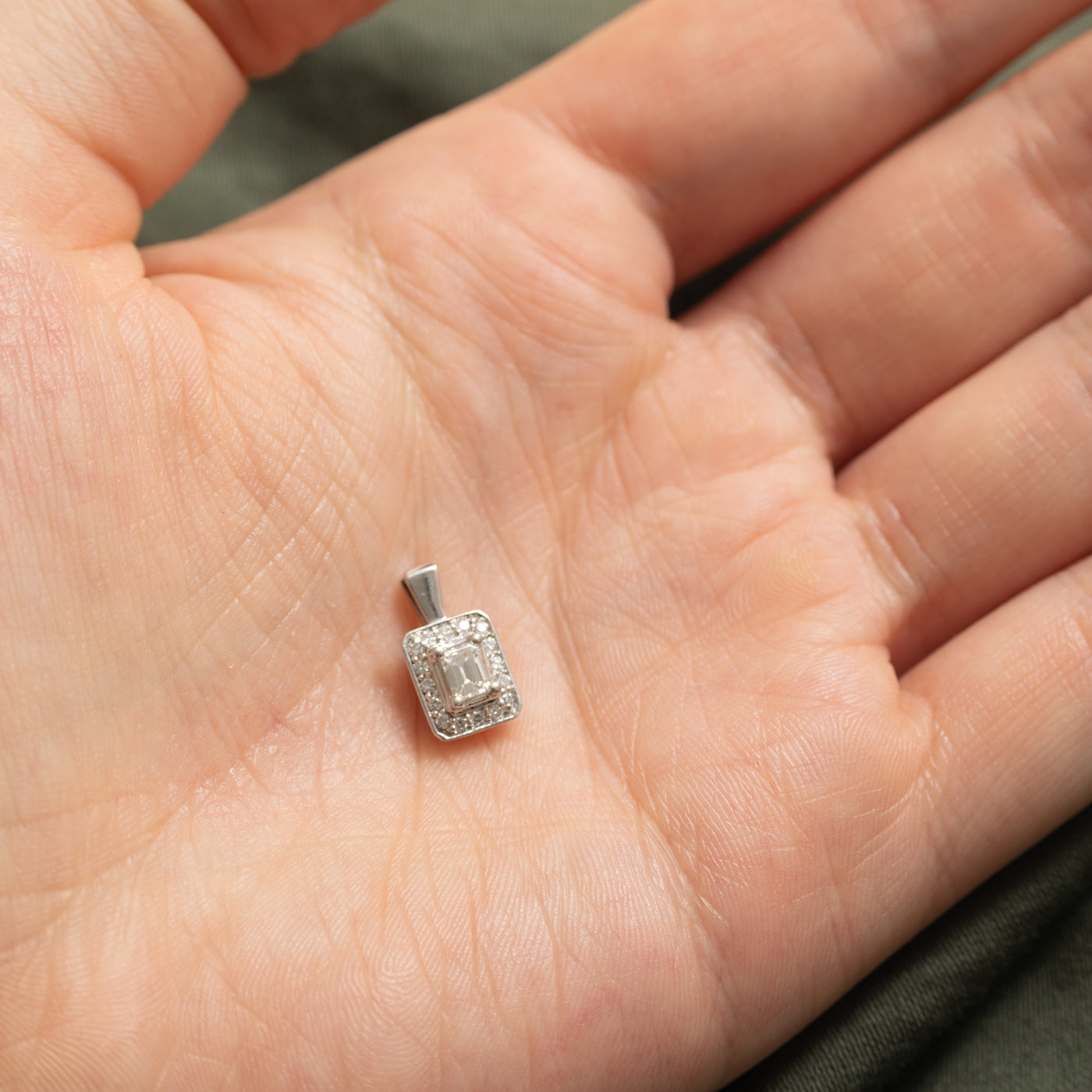 14K Rectangle Cut Diamond Halo Pendant