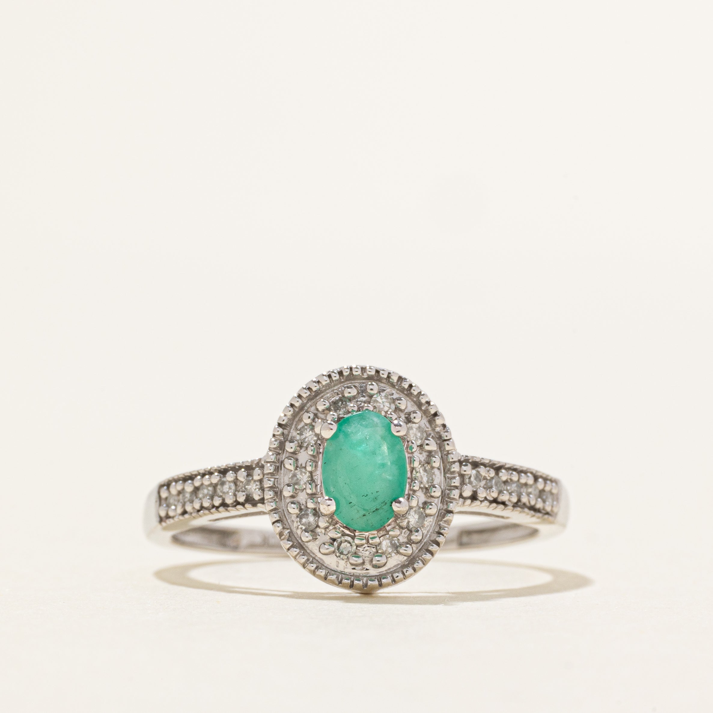 Oval Cut Emerald & Diamond Halo Ring | 0.36ct, 0.10ctw | SZ 9